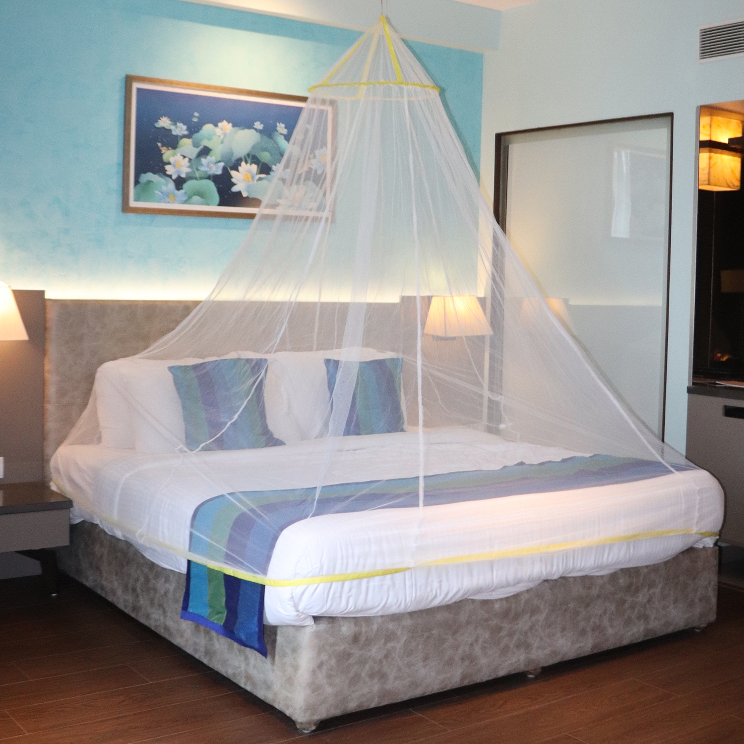 SILVER SHINE | Mosquito Net for Double Bed, King-Size, Round Ceiling Hanging Foldable Polyester Net White And Yellow 4