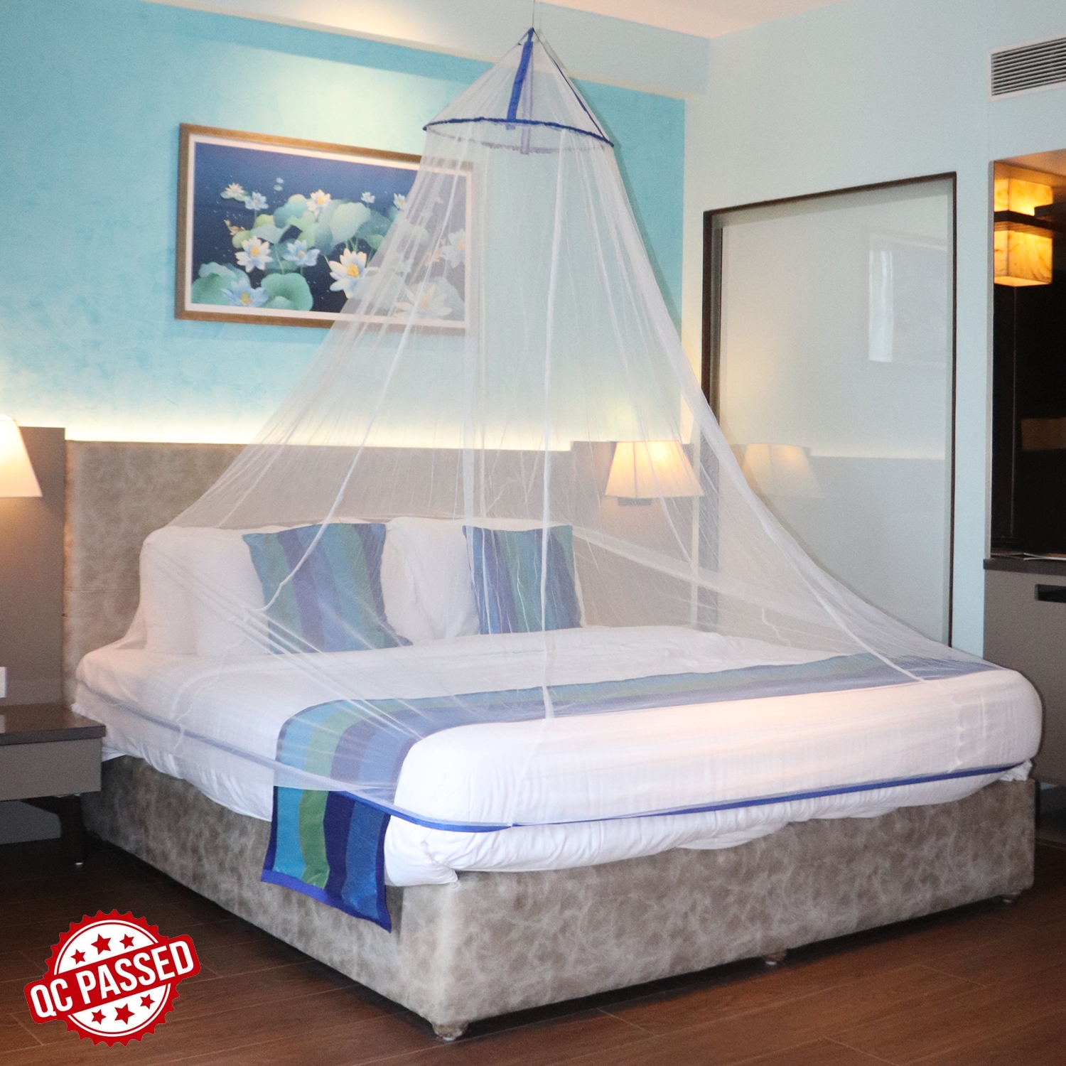 SILVER SHINE | Mosquito Net for Double Bed, King-Size, Round Ceiling Hanging Foldable Polyester Net White And Blue 0