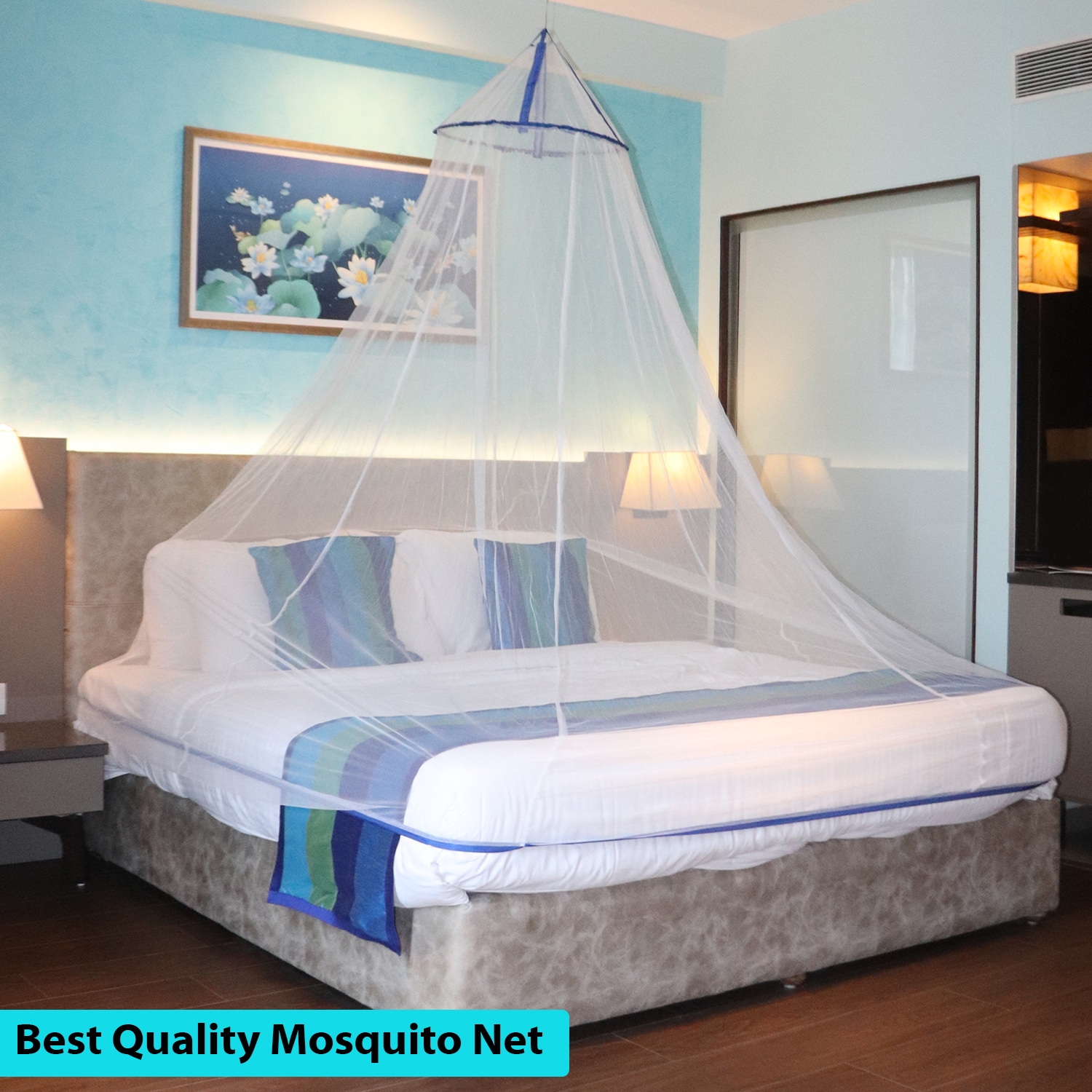 SILVER SHINE | Mosquito Net for Double Bed, King-Size, Round Ceiling Hanging Foldable Polyester Net White And Blue 1