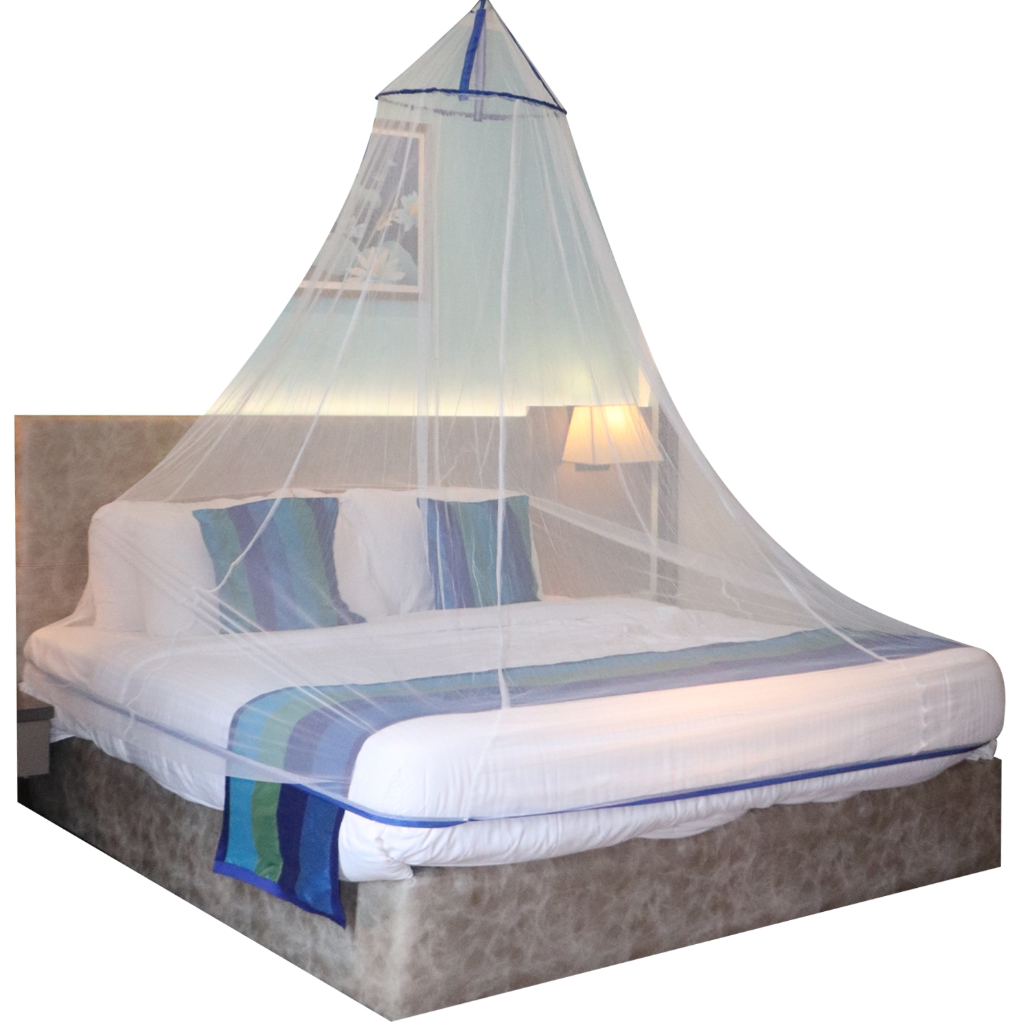 SILVER SHINE | Mosquito Net for Double Bed, King-Size, Round Ceiling Hanging Foldable Polyester Net White And Blue 2