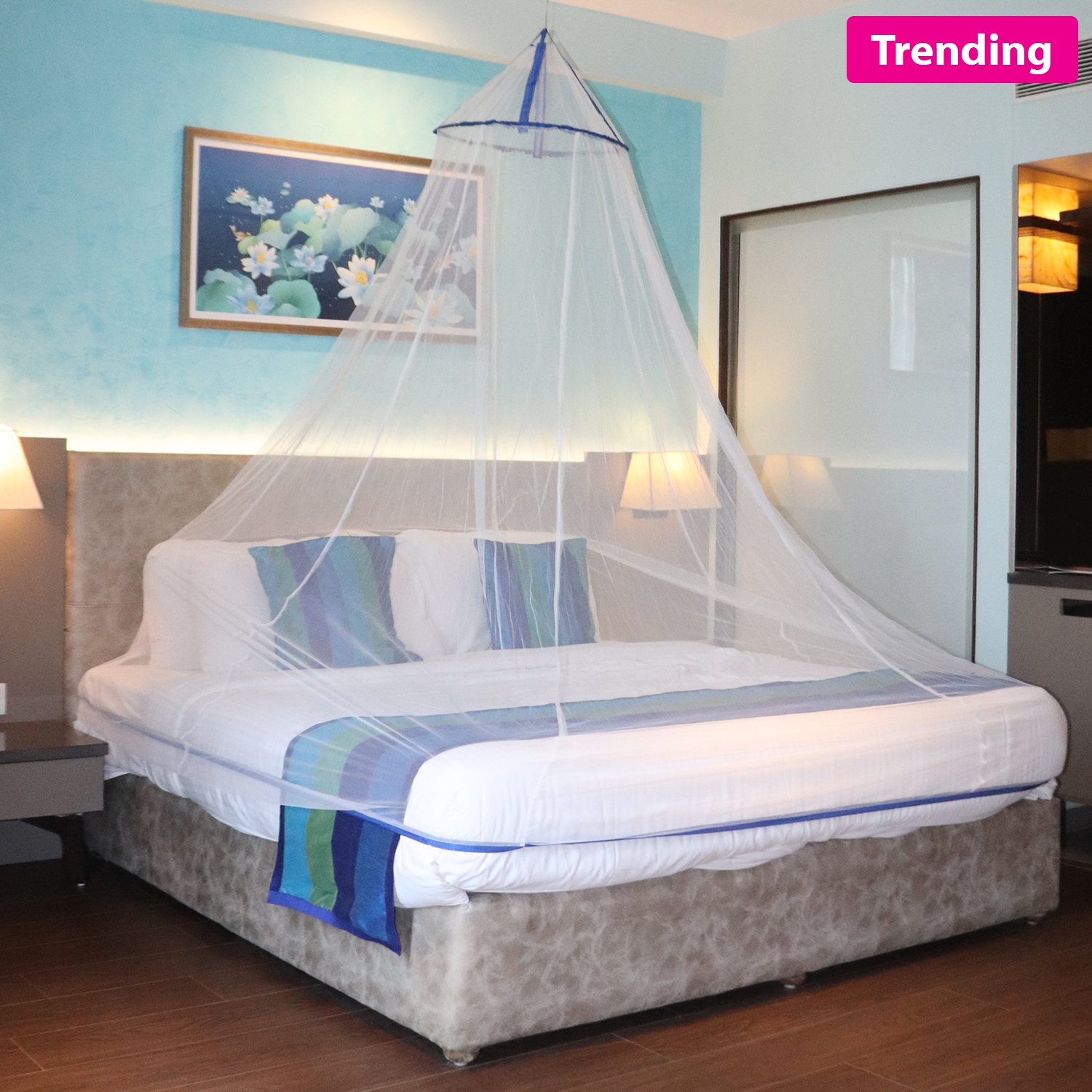 SILVER SHINE | Mosquito Net for Double Bed, King-Size, Round Ceiling Hanging Foldable Polyester Net White And Blue 3