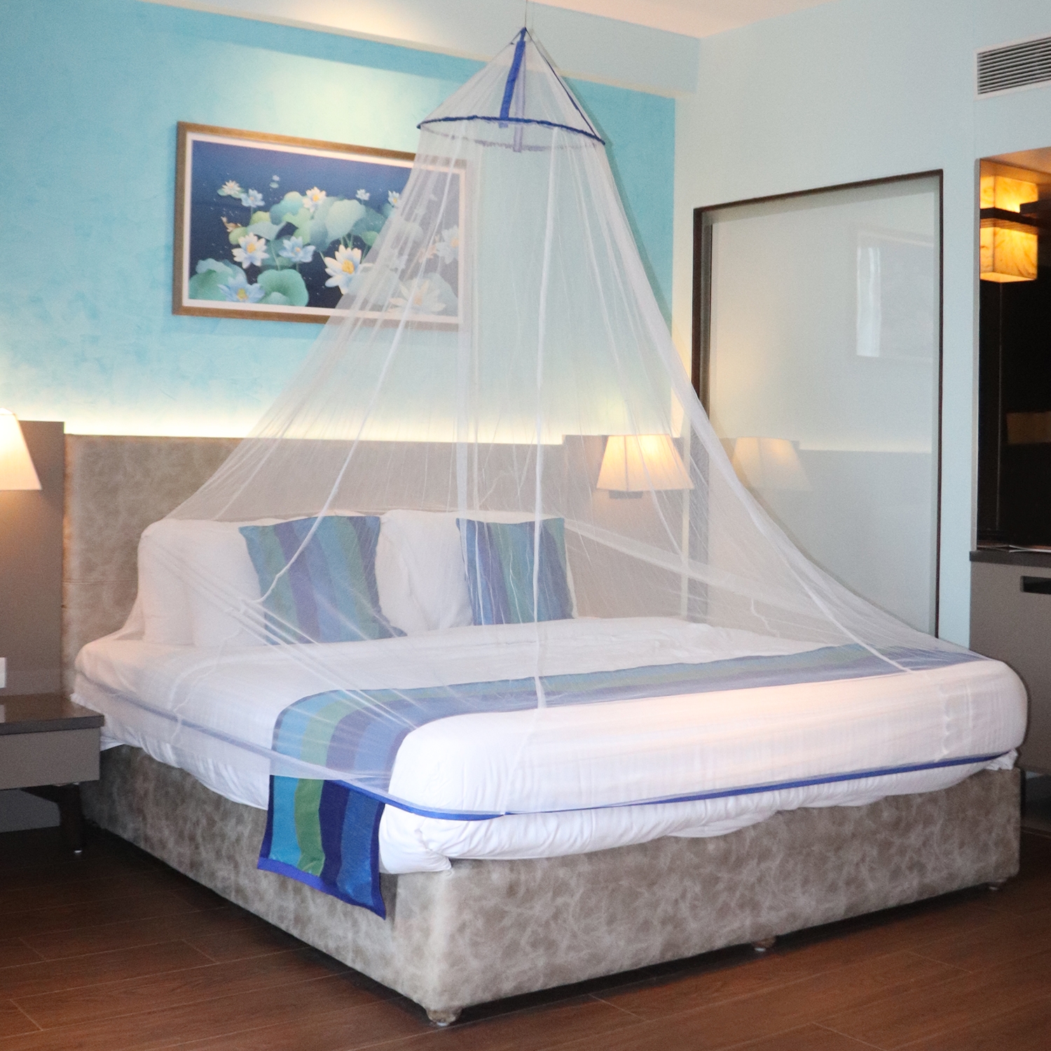 SILVER SHINE | Mosquito Net for Double Bed, King-Size, Round Ceiling Hanging Foldable Polyester Net White And Blue 4