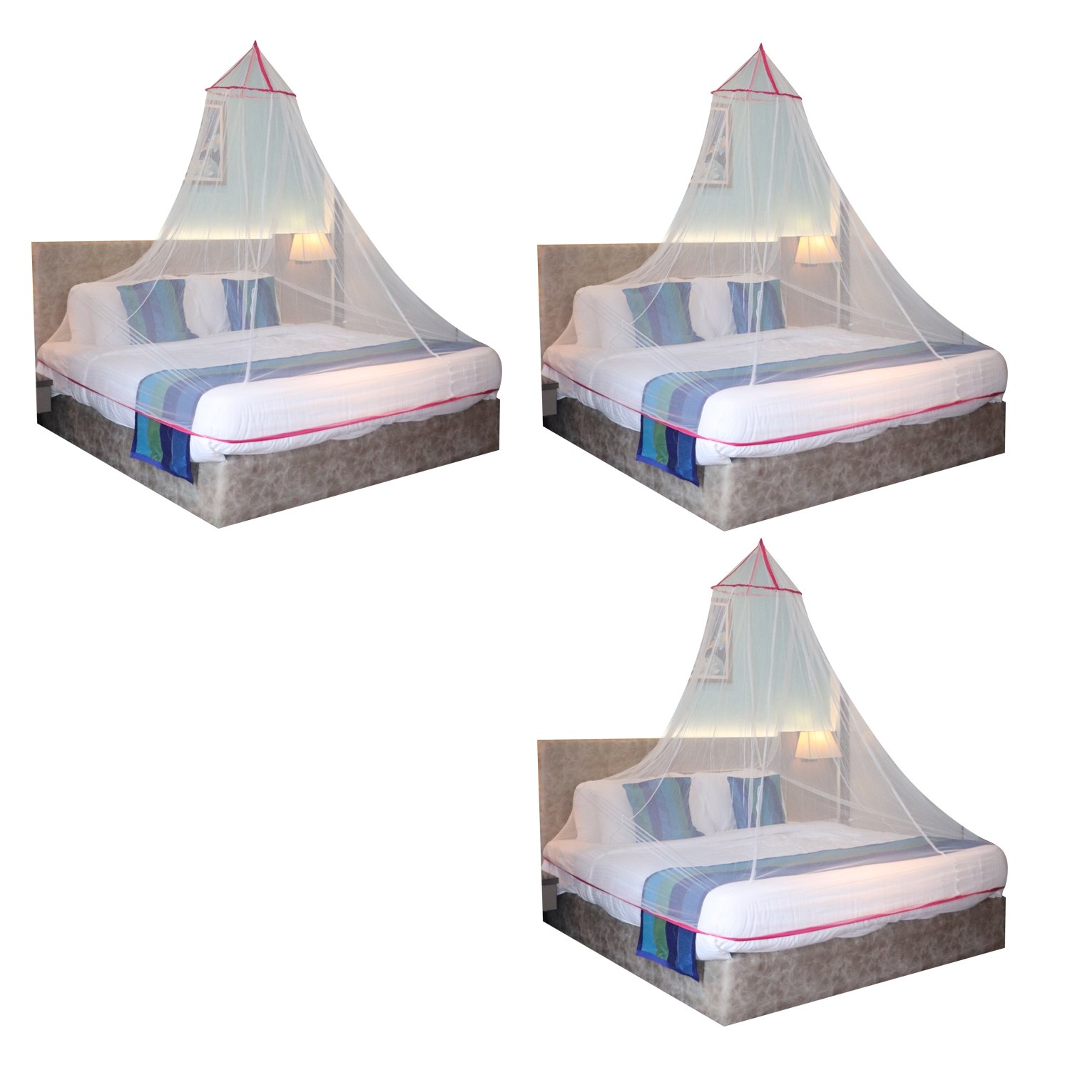 SILVER SHINE | Mosquito Net for Double Bed, King-Size, Round Ceiling Hanging Foldable Polyester Net white And Pink Pack 3  3