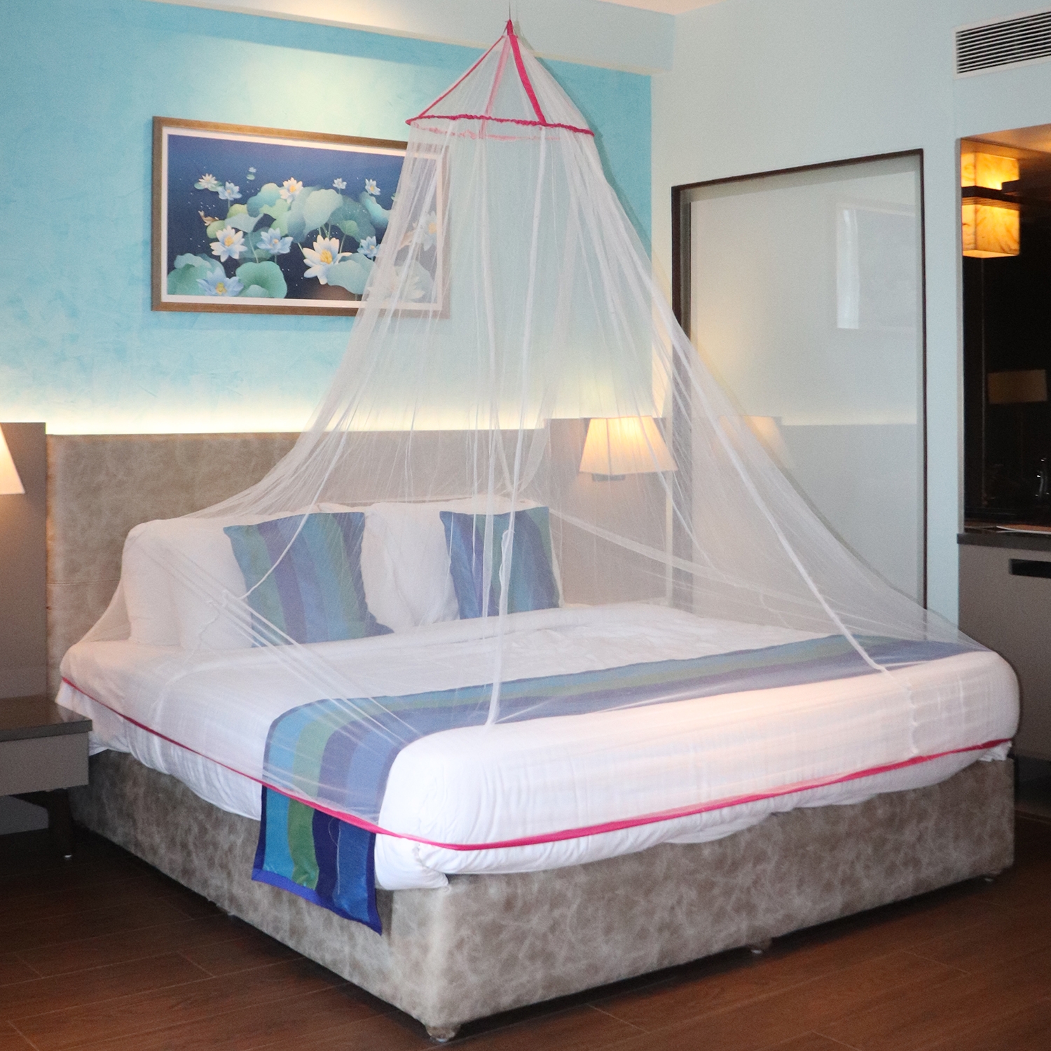 Mosquito Net for Double Bed, King-Size, Round Ceiling Hanging Foldable Polyester Net white And Pink