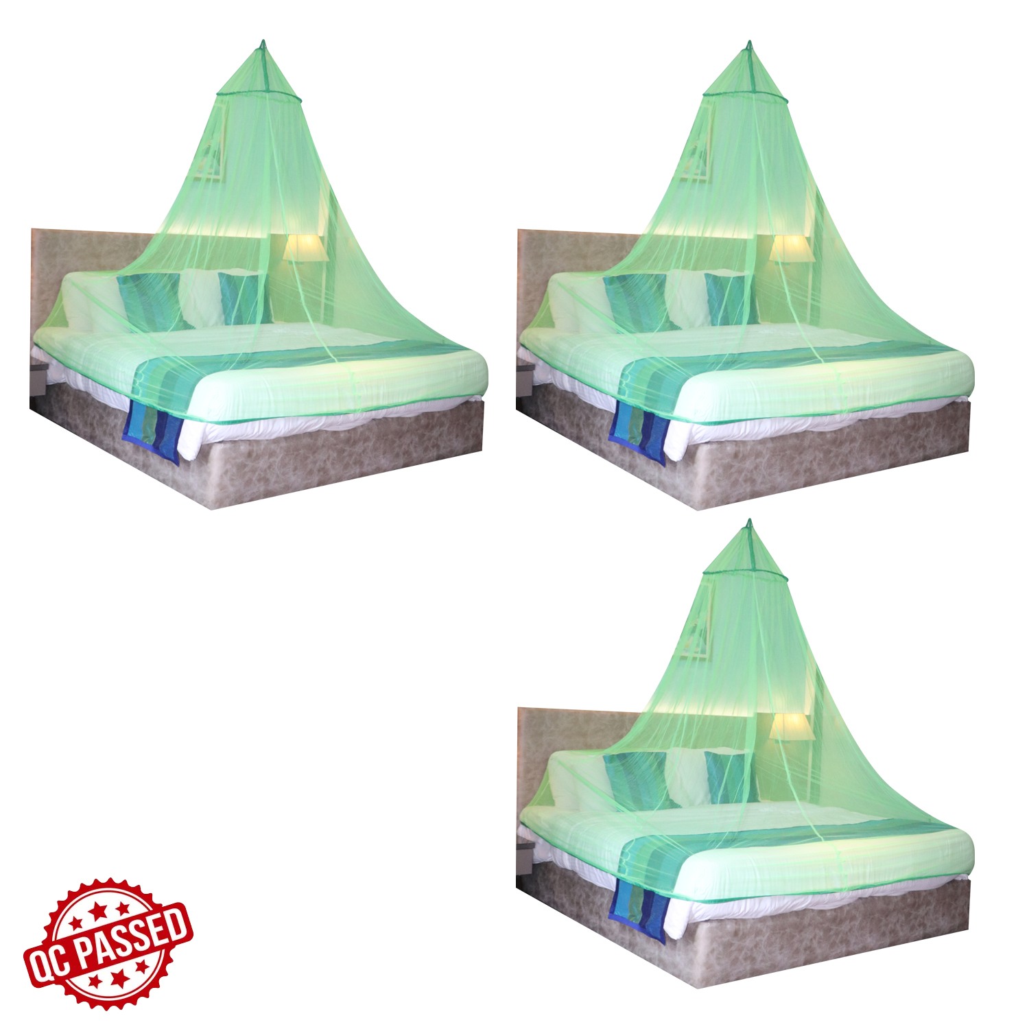 Mosquito Net for Double Bed, King-Size, Round Ceiling Hanging Foldable Polyester Net Green  Pack 3 