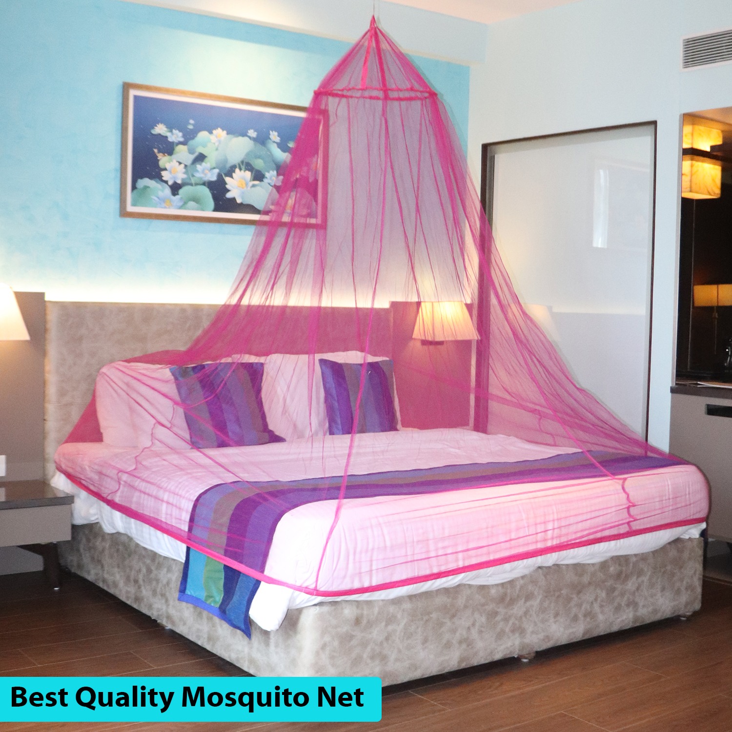 Mosquito Net for Double Bed King Size Round Ceiling Hanging Foldable Polyester Net Pink SILVER SHINE