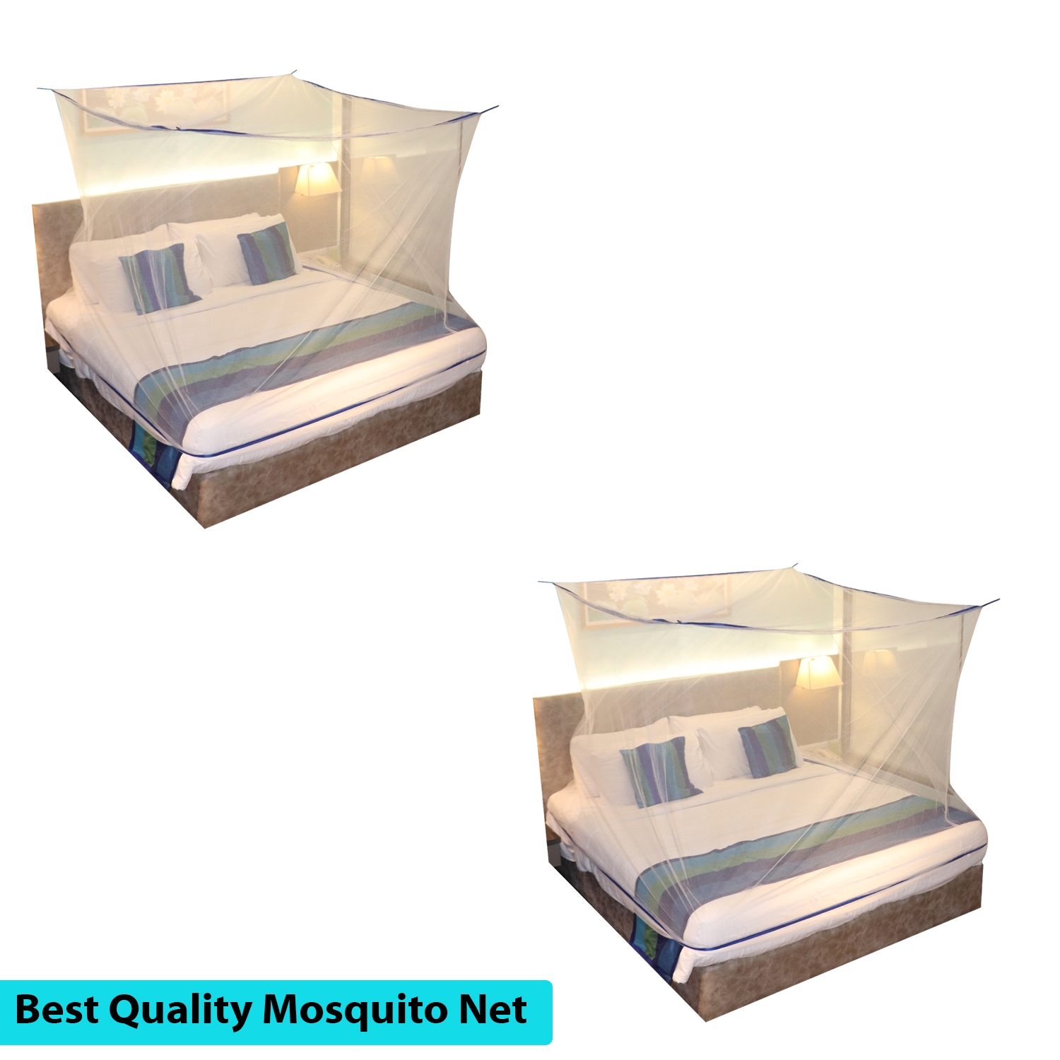 SILVER SHINE | Mosquito Net for Double Bed, King-Size, Square Hanging Foldable Polyester Net White And BluePack of 2 0