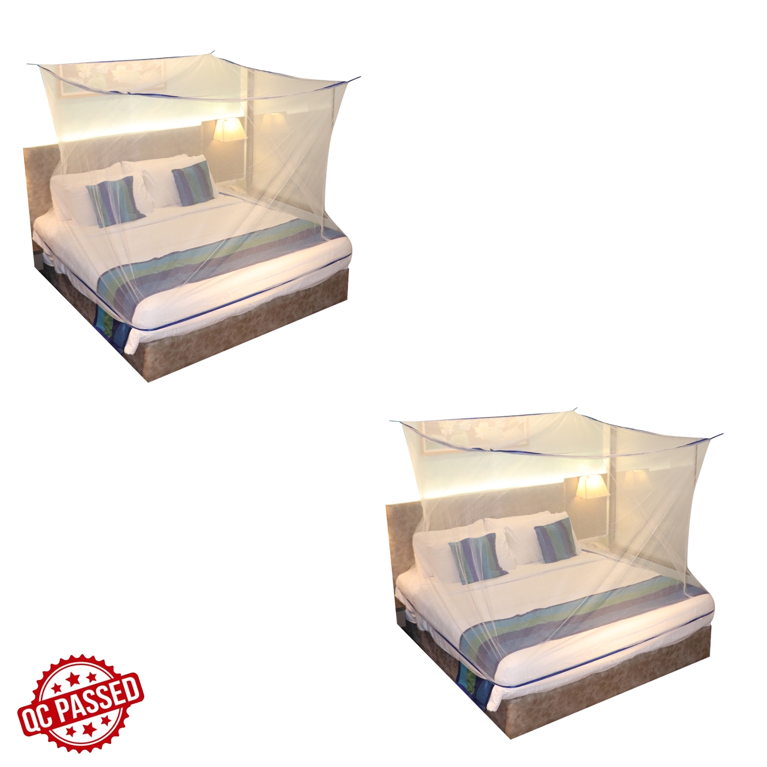 SILVER SHINE | Mosquito Net for Double Bed, King-Size, Square Hanging Foldable Polyester Net White And BluePack of 2 1