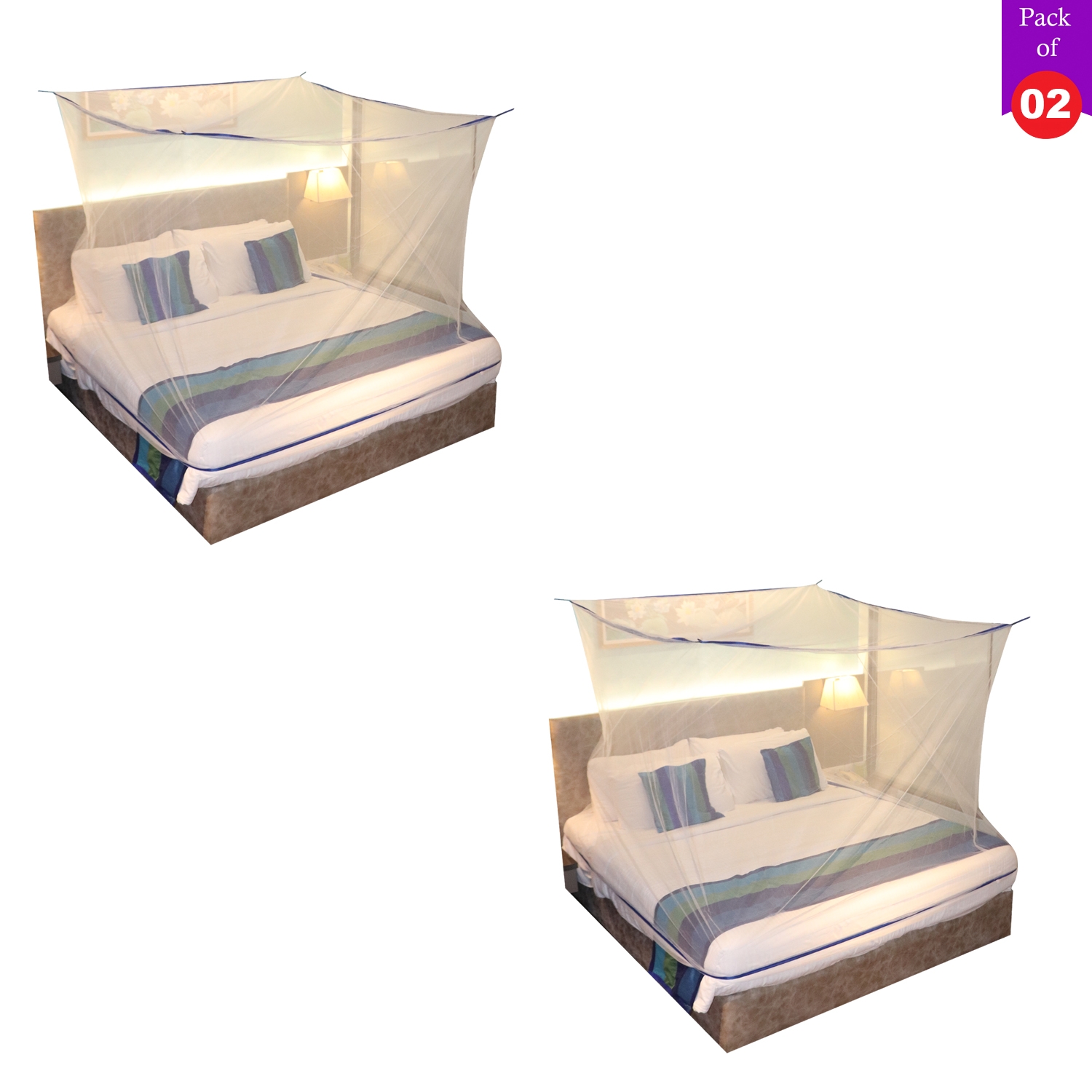 SILVER SHINE | Mosquito Net for Double Bed, King-Size, Square Hanging Foldable Polyester Net White And BluePack of 2 2