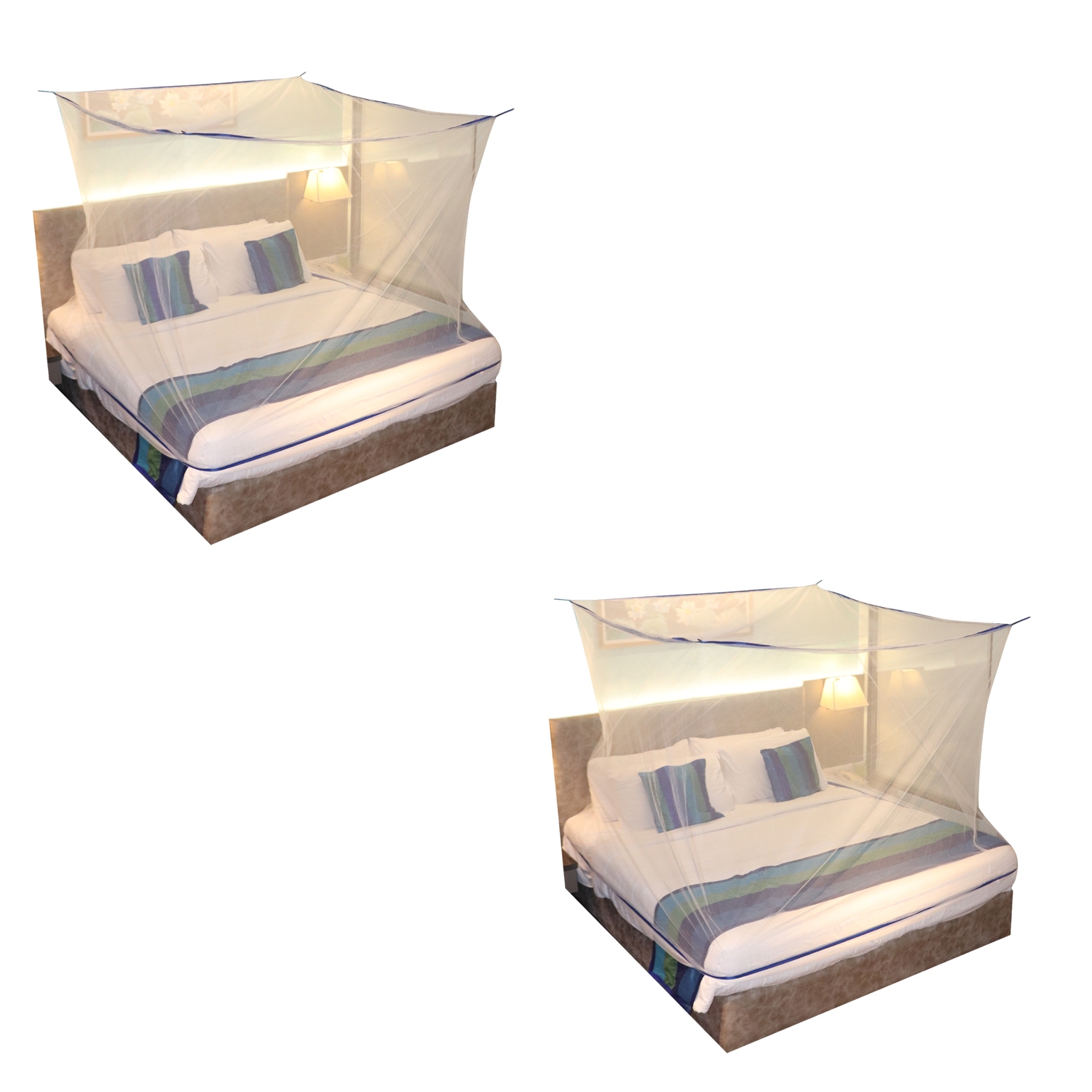 SILVER SHINE | Mosquito Net for Double Bed, King-Size, Square Hanging Foldable Polyester Net White And BluePack of 2 3