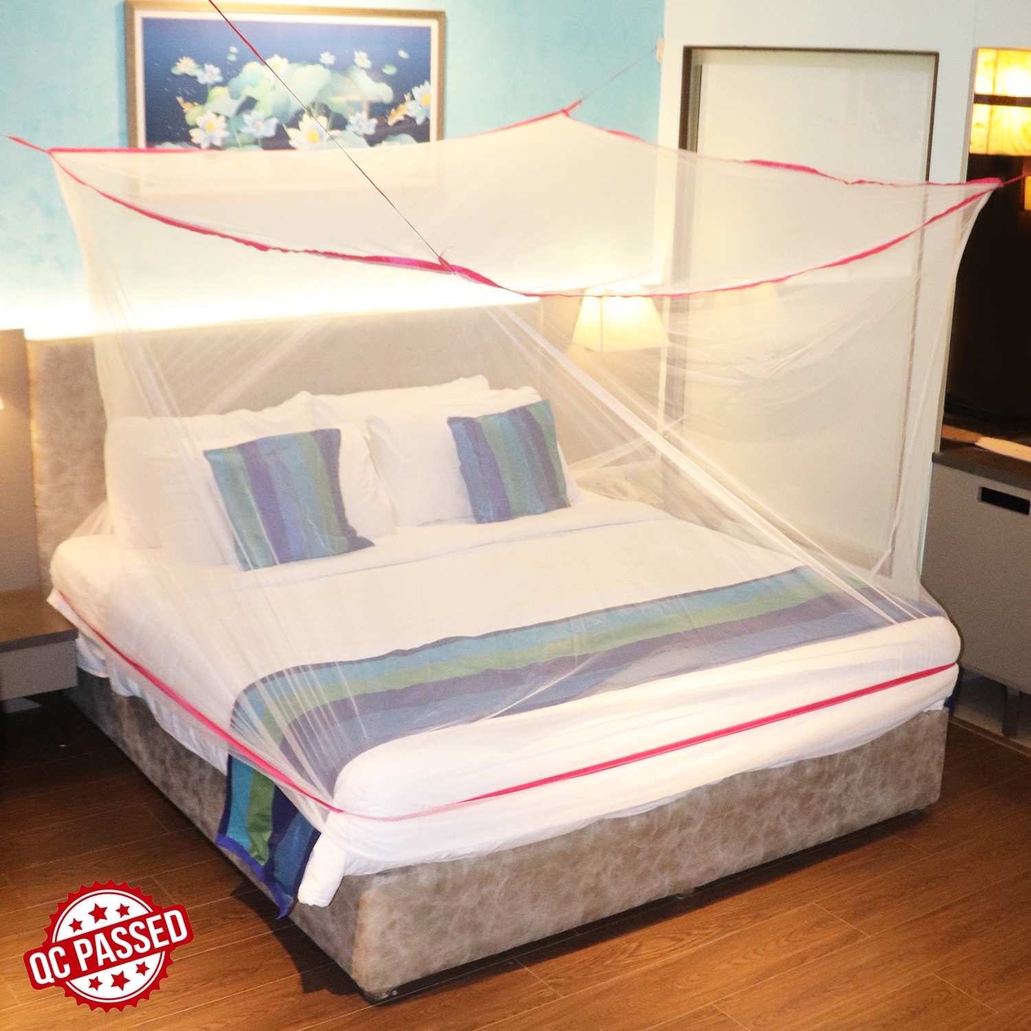 SILVER SHINE | Mosquito Net for Double Bed, King-Size, Square Hanging Foldable Polyester Net White And Pink 0