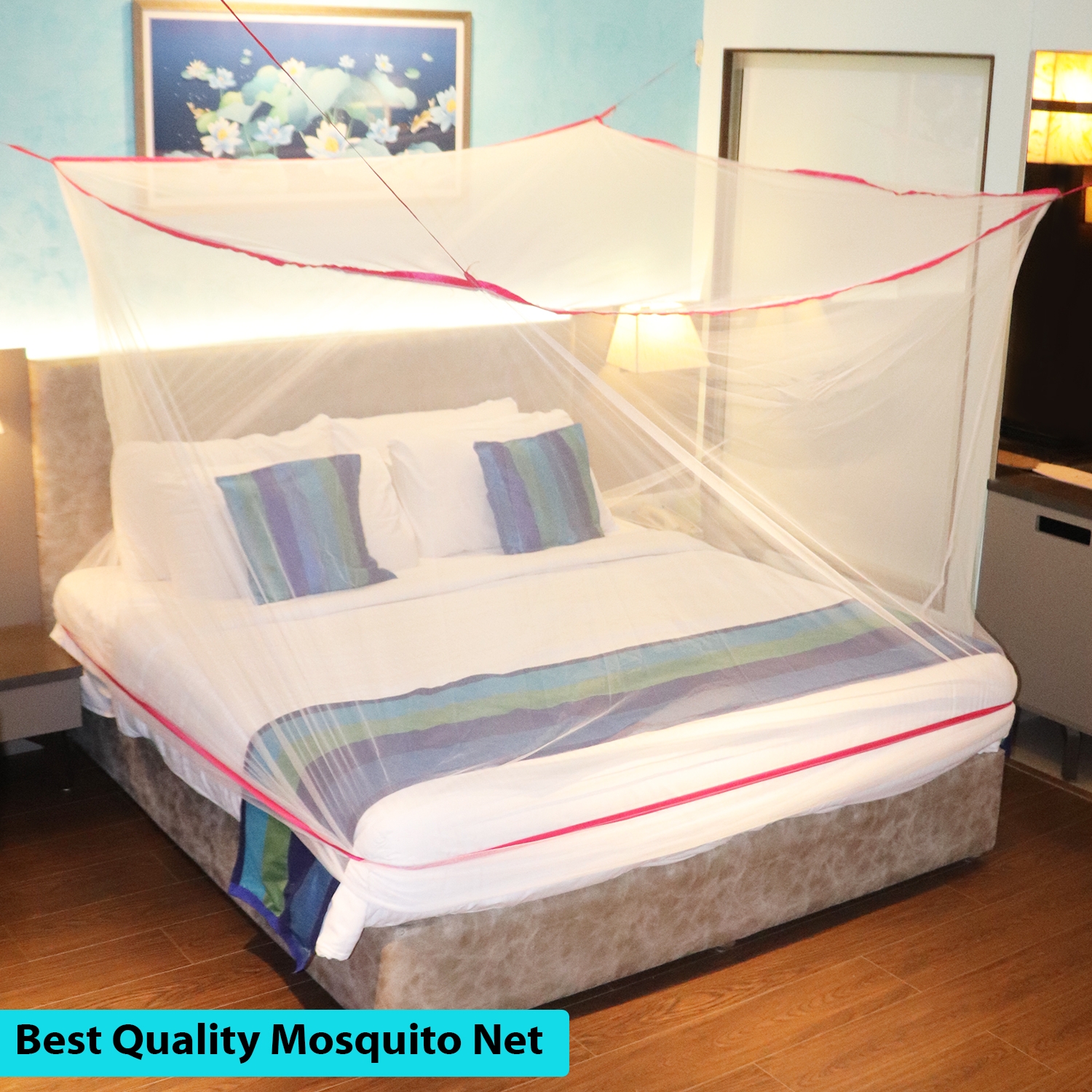SILVER SHINE | Mosquito Net for Double Bed, King-Size, Square Hanging Foldable Polyester Net White And Pink 1