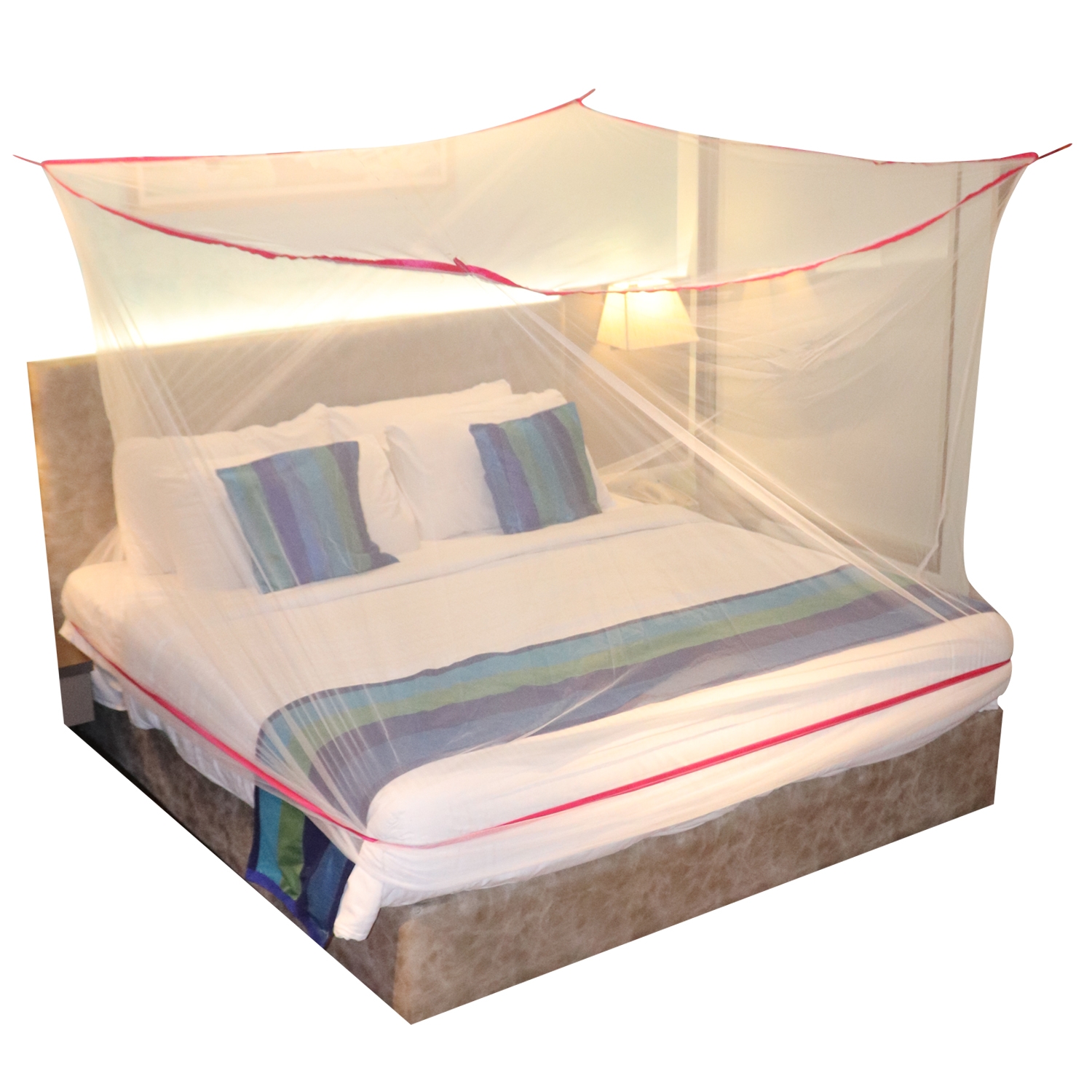 SILVER SHINE | Mosquito Net for Double Bed, King-Size, Square Hanging Foldable Polyester Net White And Pink 2