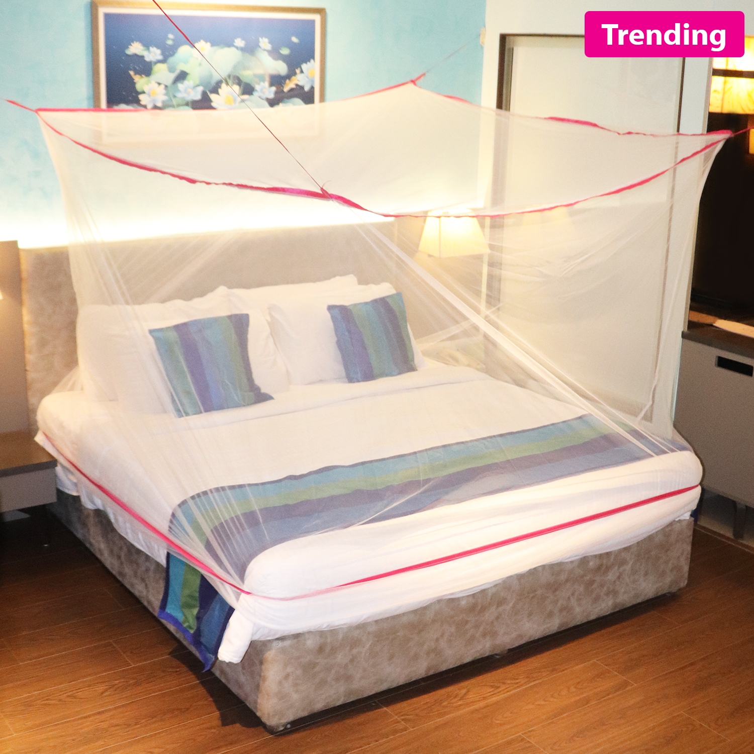 SILVER SHINE | Mosquito Net for Double Bed, King-Size, Square Hanging Foldable Polyester Net White And Pink 3