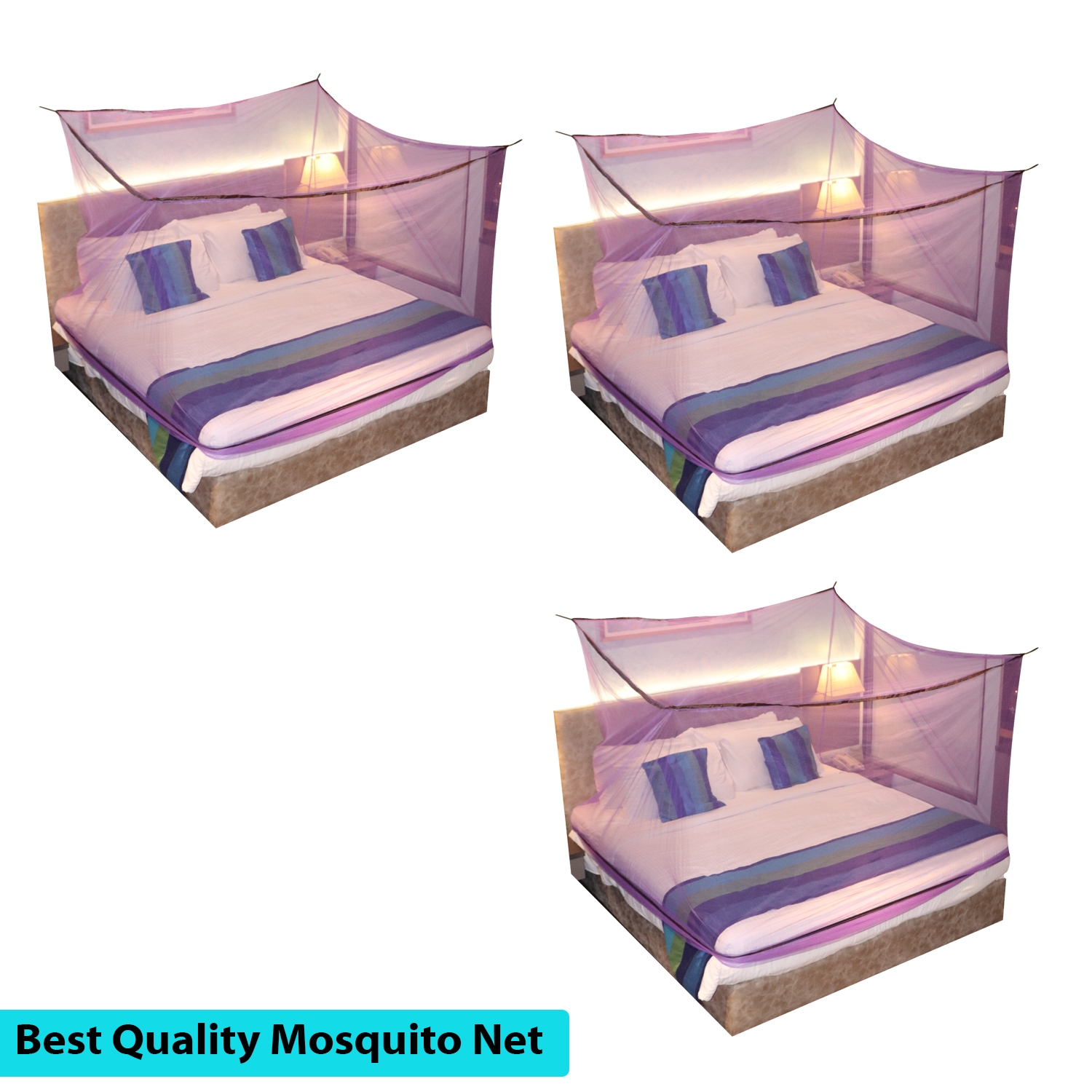 SILVER SHINE | Mosquito Net for Double Bed, King-Size, Square Hanging Foldable Polyester Net Purple And Brown Pack of 3 0