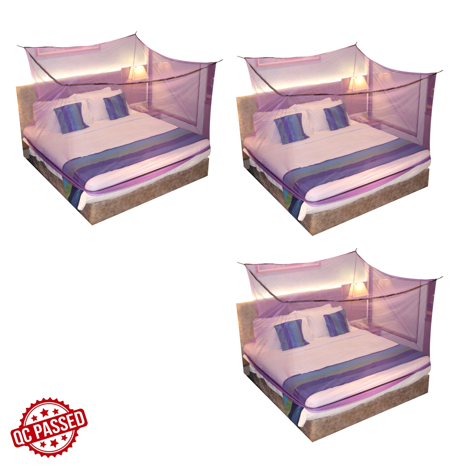 SILVER SHINE | Mosquito Net for Double Bed, King-Size, Square Hanging Foldable Polyester Net Purple And Brown Pack of 3 1