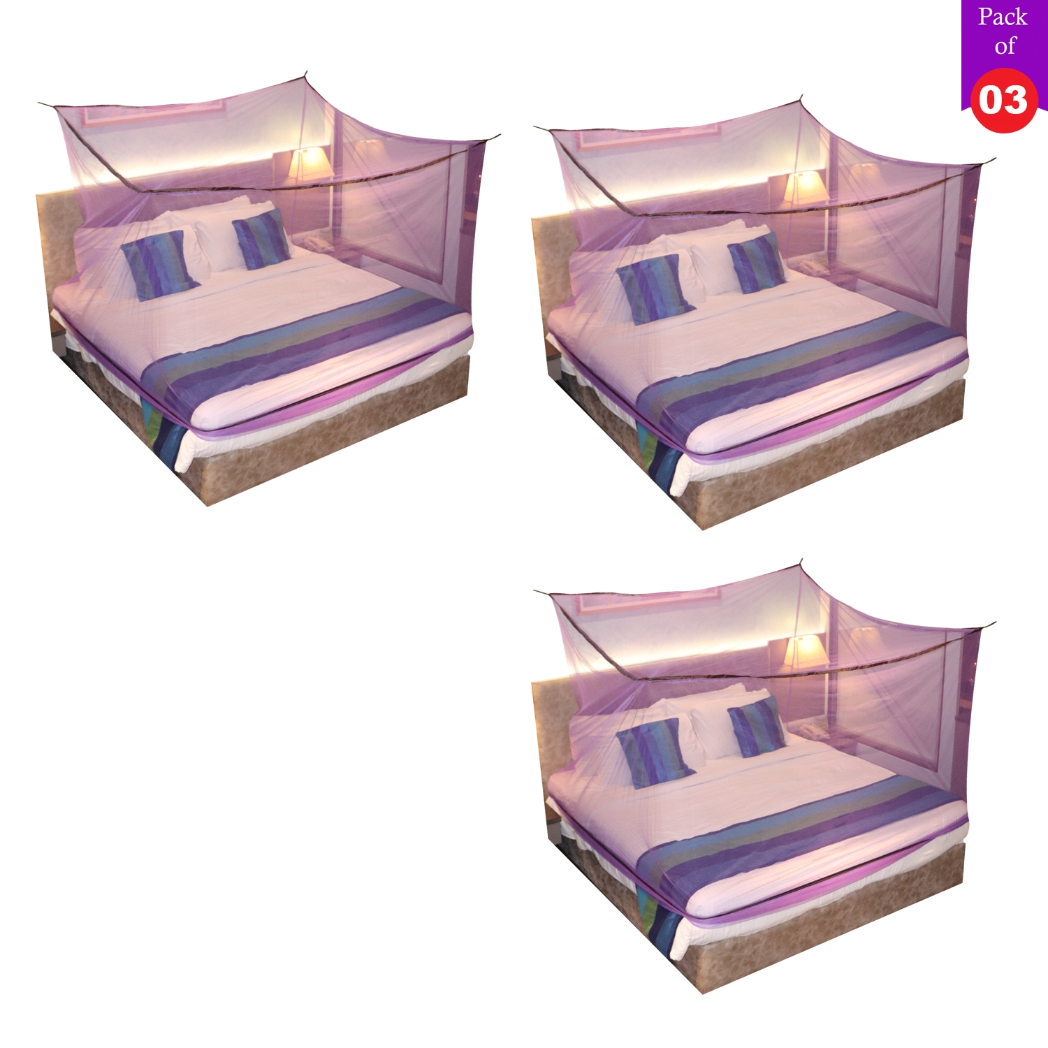 SILVER SHINE | Mosquito Net for Double Bed, King-Size, Square Hanging Foldable Polyester Net Purple And Brown Pack of 3 2