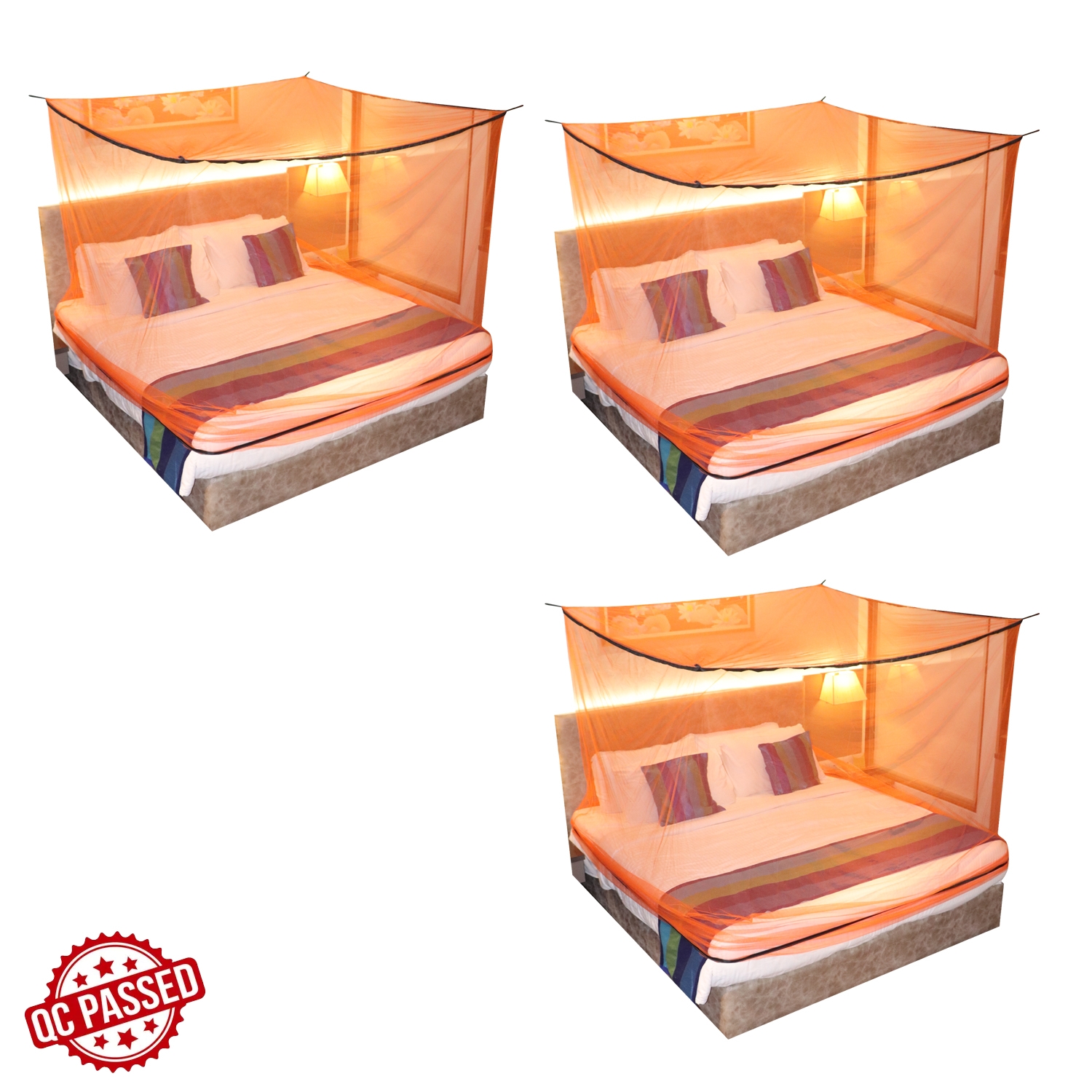 SILVER SHINE | Mosquito Net for Double Bed, King-Size, Square Hanging Foldable Polyester Net Orange And Black Pack of 3 1