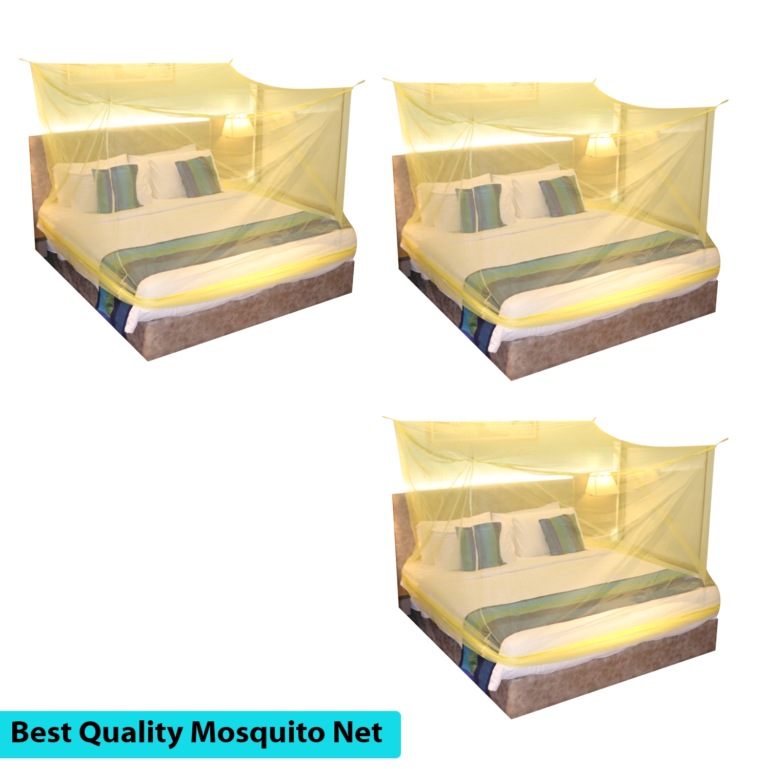 SILVER SHINE | Mosquito Net for Double Bed, King-Size, Square Hanging Foldable Polyester Net YellowPack of 3 0