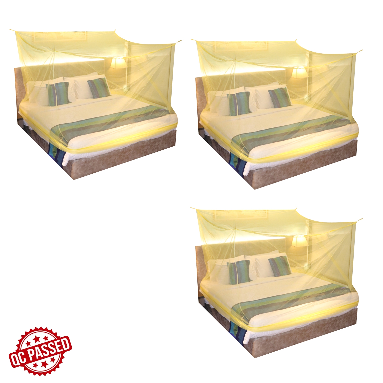 SILVER SHINE | Mosquito Net for Double Bed, King-Size, Square Hanging Foldable Polyester Net YellowPack of 3 1
