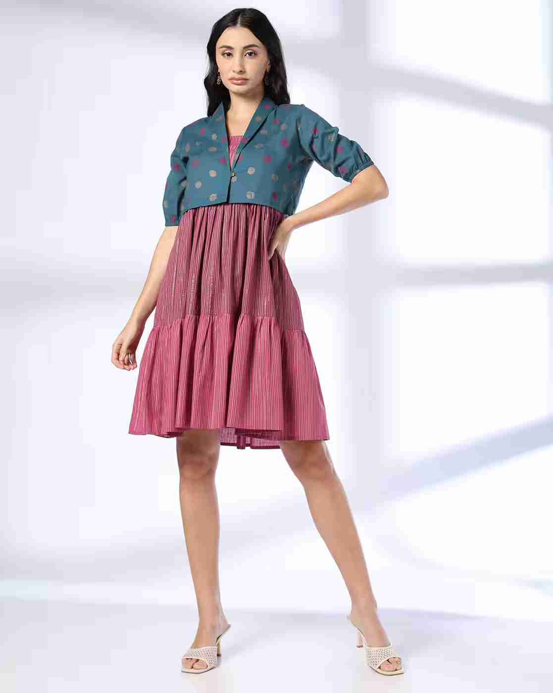 SIYAHI | Women Striped Tiered Dress with Jacket|0