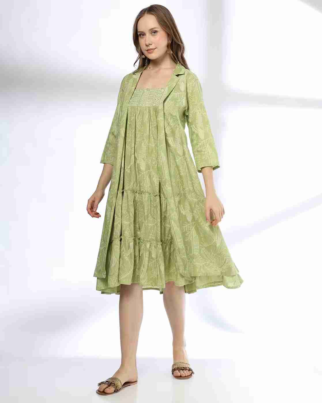 SIYAHI | Women Leaf Print Tiered Dress|0