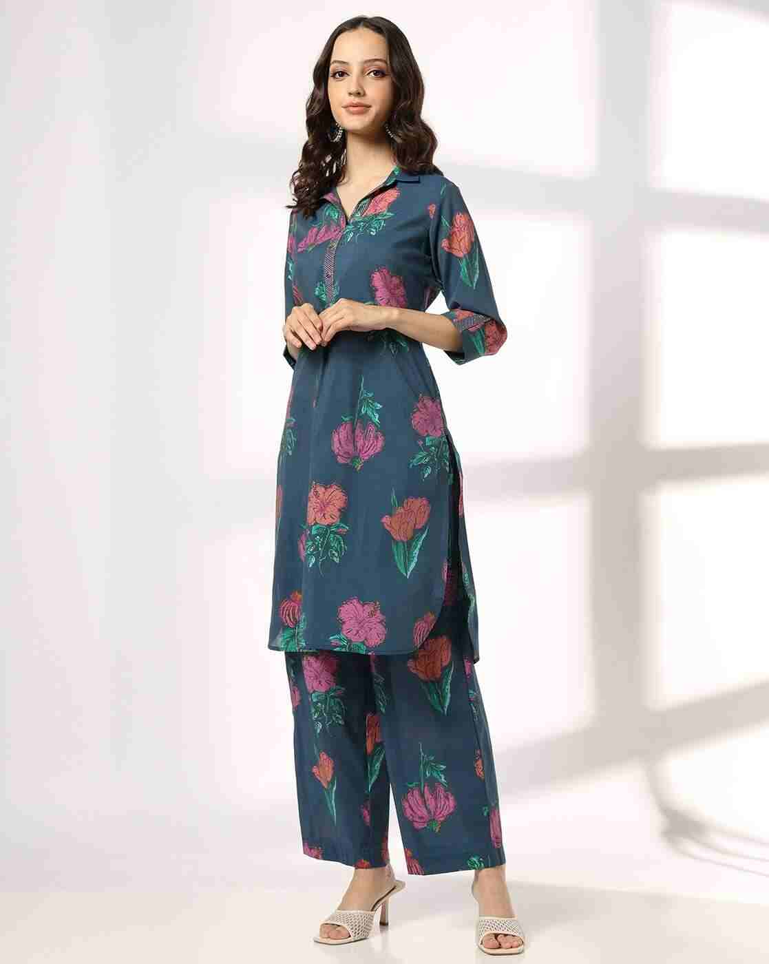 SIYAHI | Women Floral Print Straight Kurta with Palazzos|0