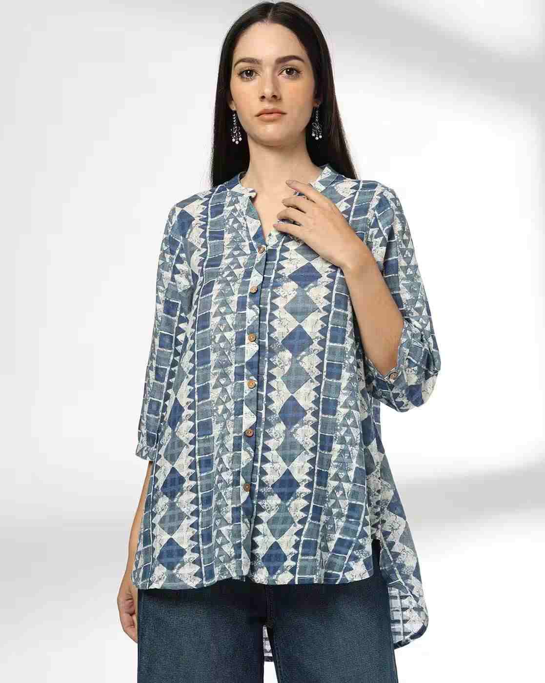 SIYAHI | Women Geometric Print High-Low Straight Kurti|0
