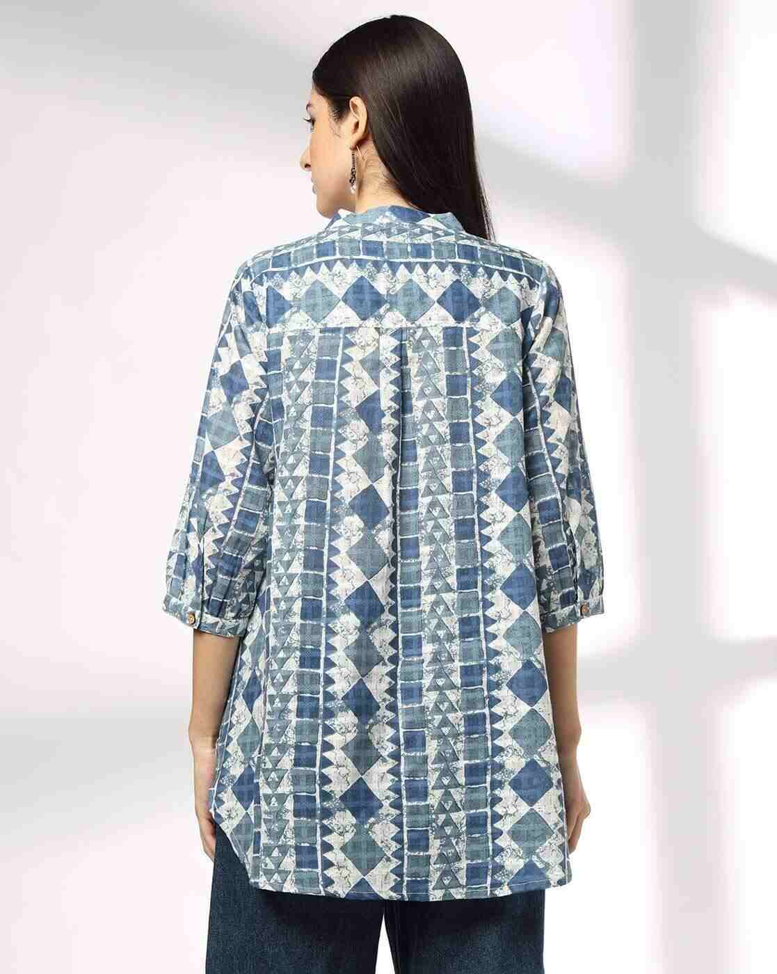 SIYAHI | Women Geometric Print High-Low Straight Kurti|2