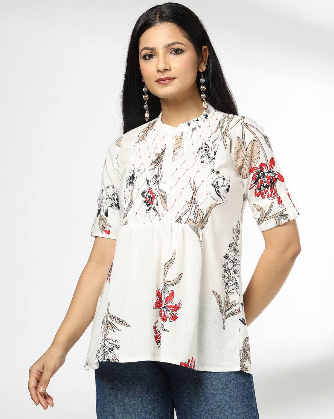 SIYAHI | Women Floral Print Smocked Yoke Tunic|0