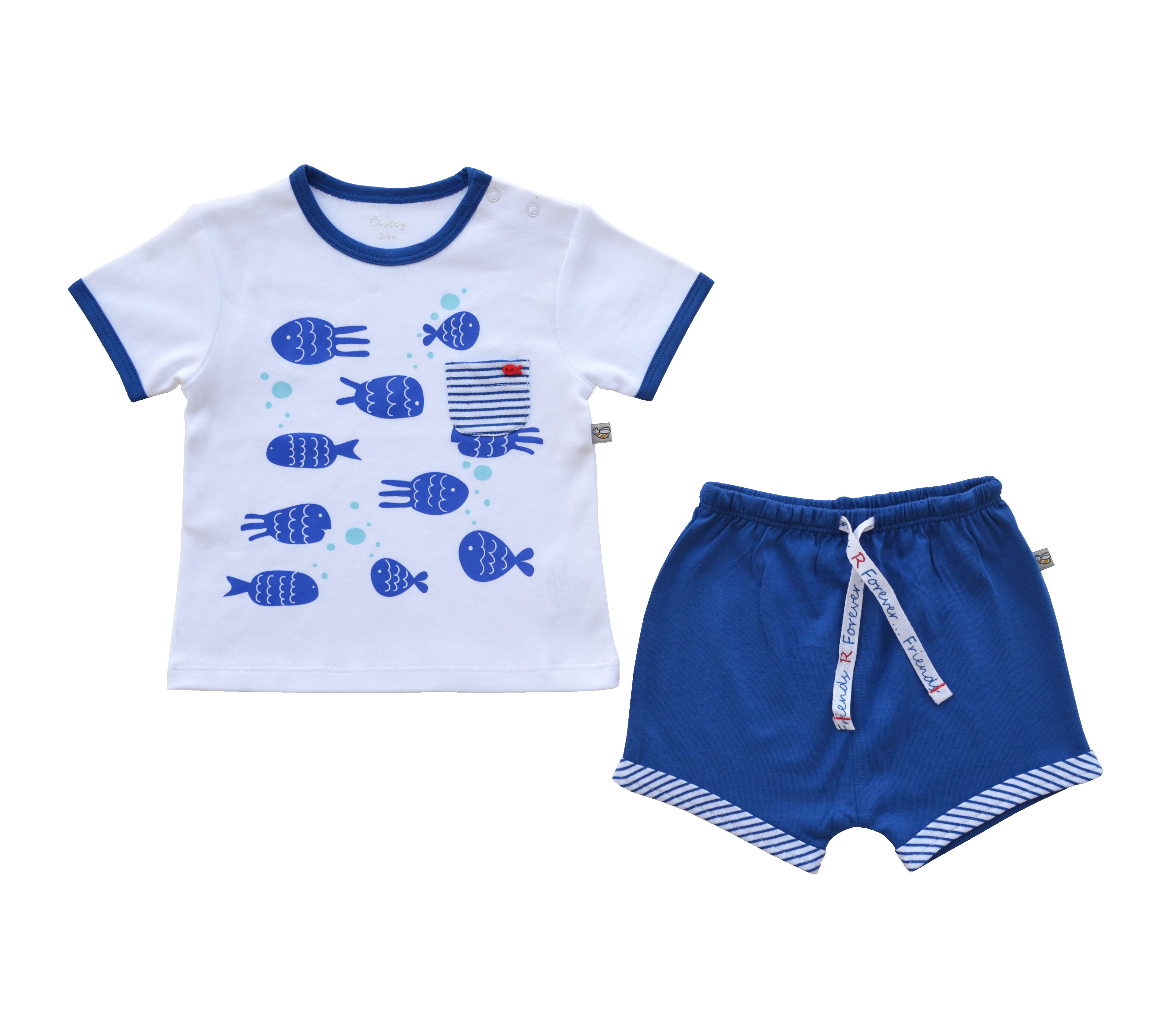 Babeez | White Fish Print T-Shirt + Blue Shorty Set (100% Cotton Jersey) undefined