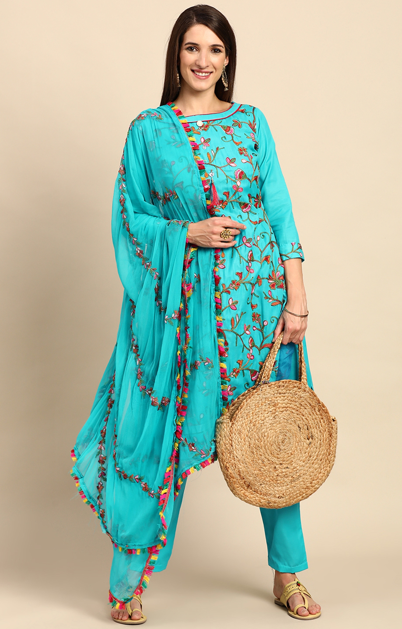 SHAILY RETAILS | Shaily Women Sea Green Color Cotton Embroidered With Tessels Unstitched Dress Material-VF_LILY_SGRN_DM 1