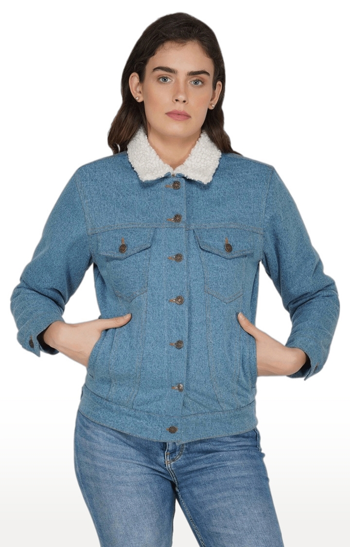 SLAY | Women's Blue Solid Cotton Denim Jackets