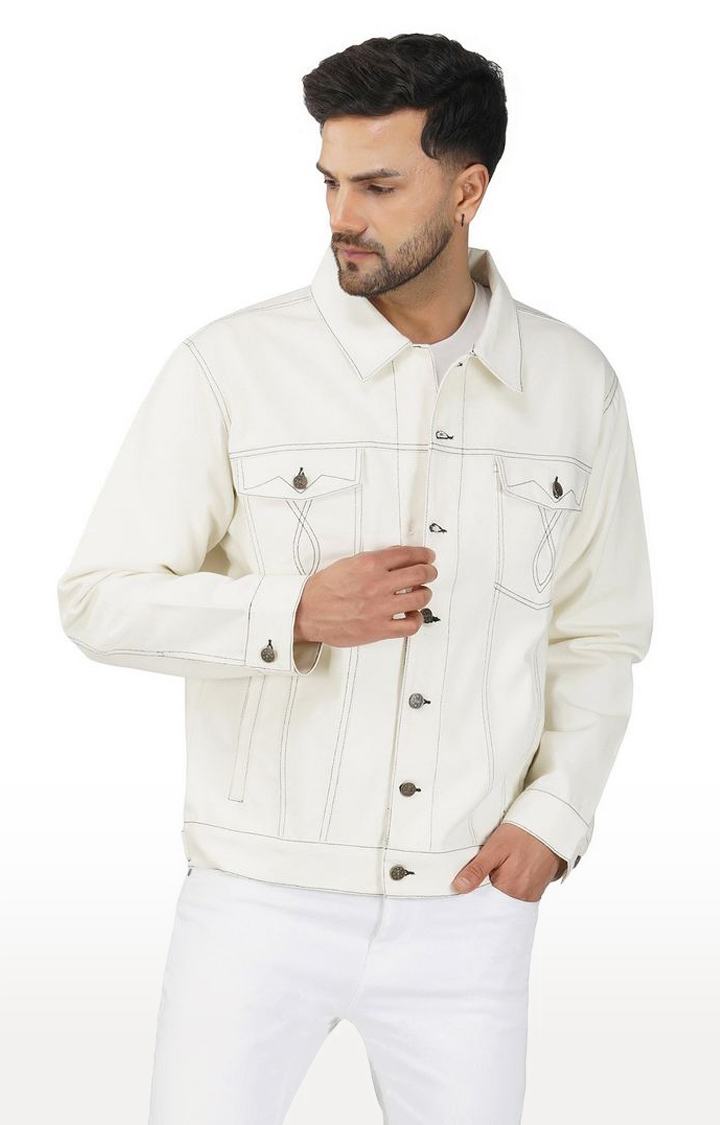 SLAY | Men's White Solid Denim Denim Jackets