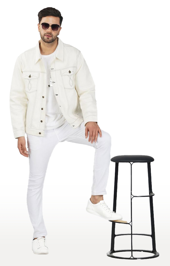 Men's White Solid Denim Denim Jackets