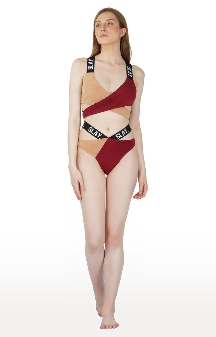 Sport Women's Beige & Red Colorblock Bikini Set Swimwear