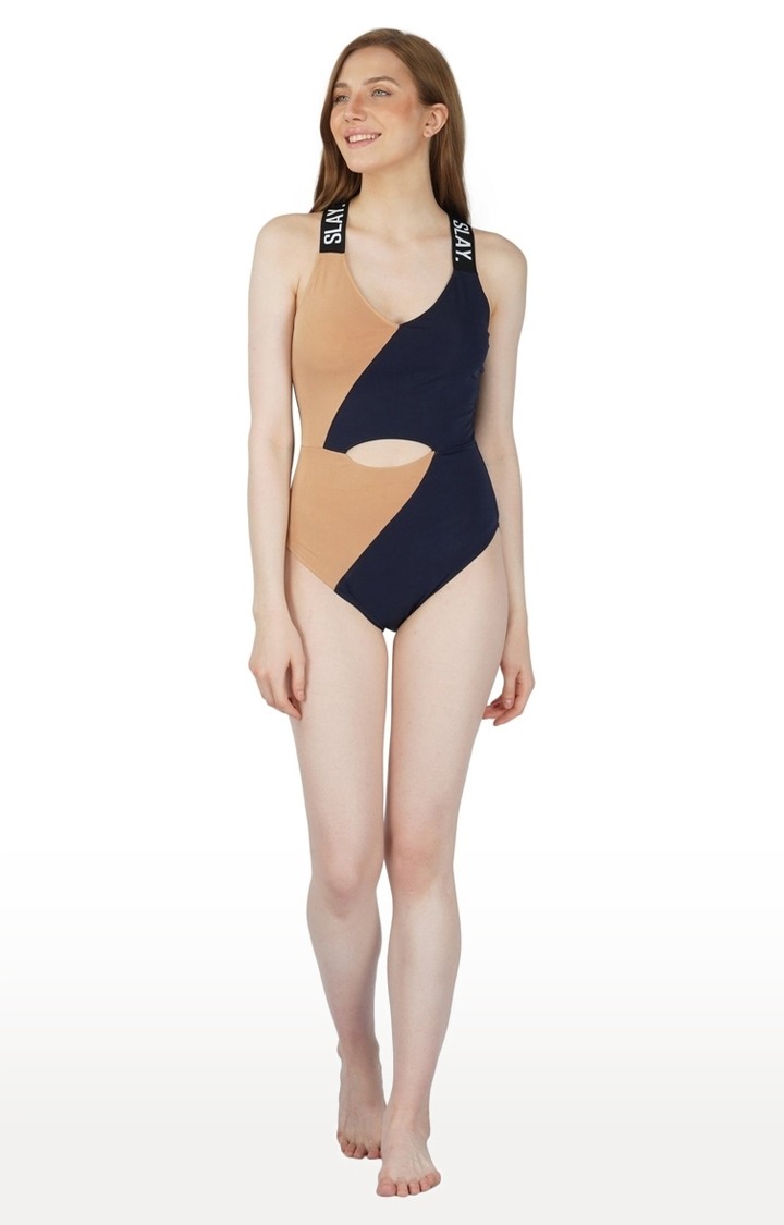 Sport Women's Beige & Blue Colorblock Swimsuit