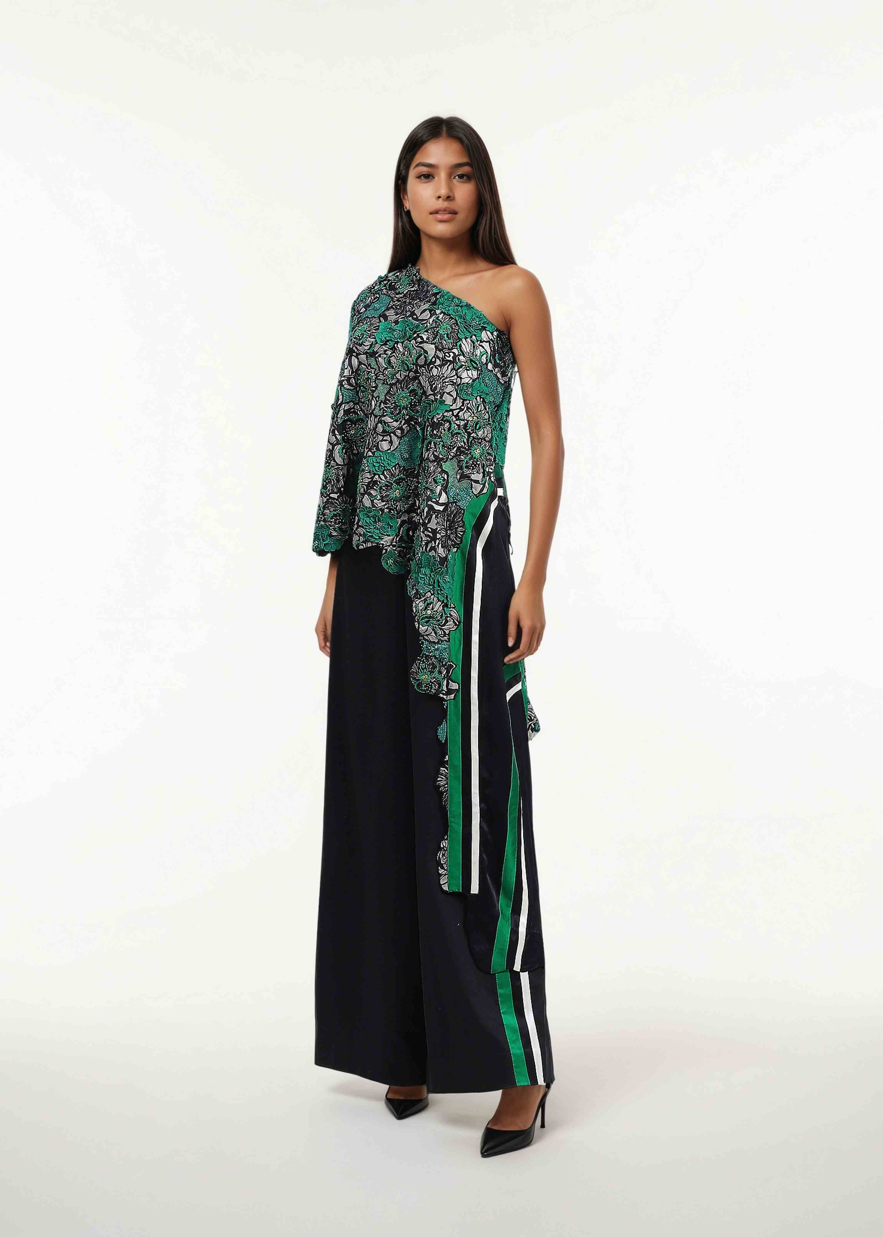 AKOK Multicolor Silk ONE SHOULDER TOP WITH TROUSER Co-ords