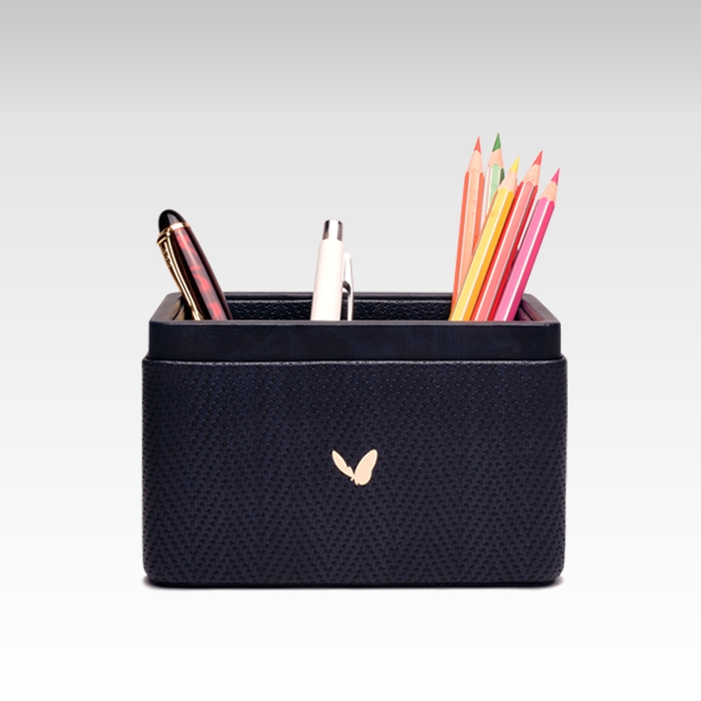 Ultra Premium Pen/Pencil Holder / Desk Organizer / Accessories in Premium Faux Leather | Rectangular | Size: 3.5x5.5x3.5(H) Inches | Two Compartment | Chevron Series (Blue)