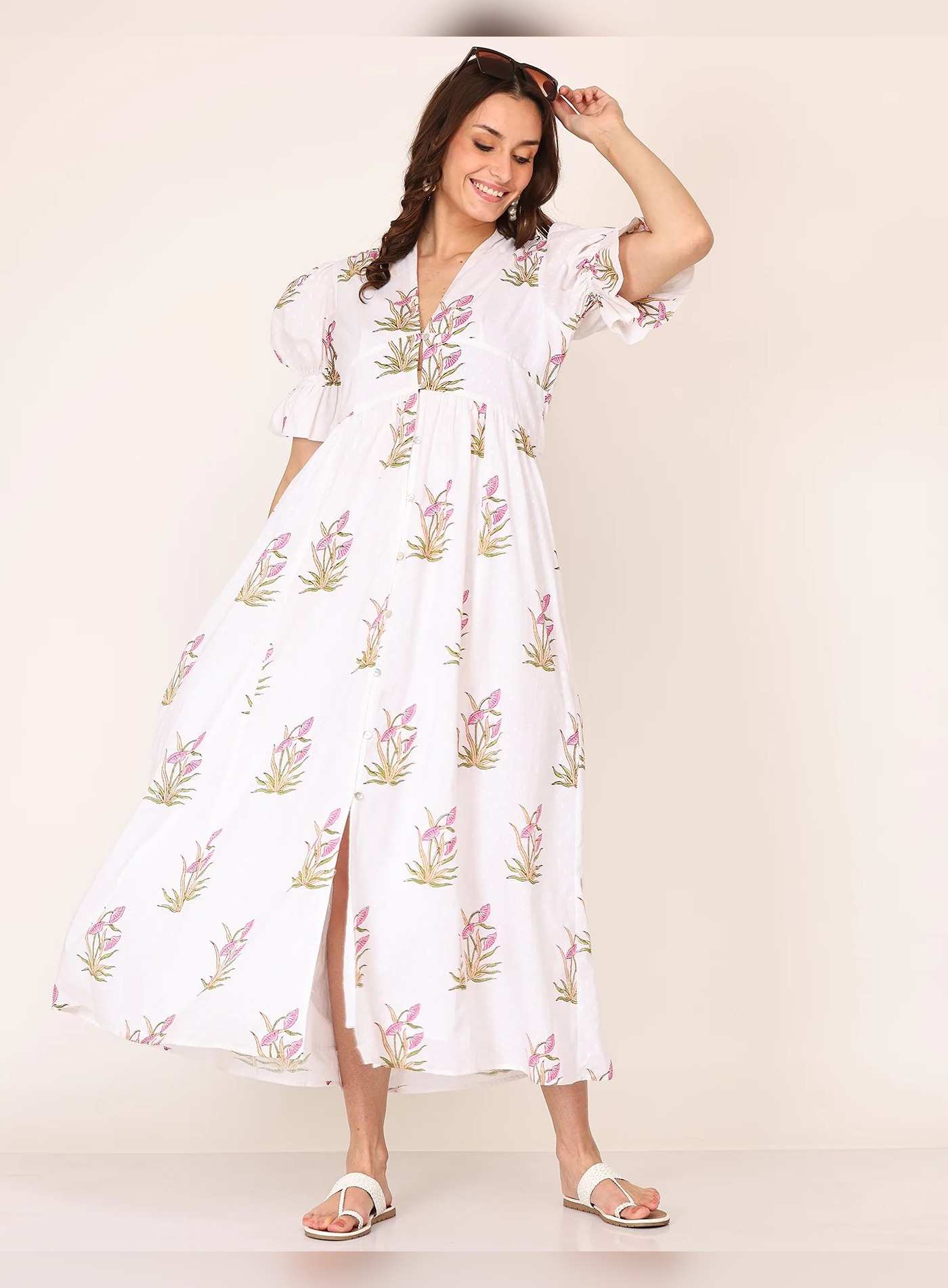 Alice18 Women's Santorini Love Ankle-Length Front-Open Maxi Dress with Half Sleeves