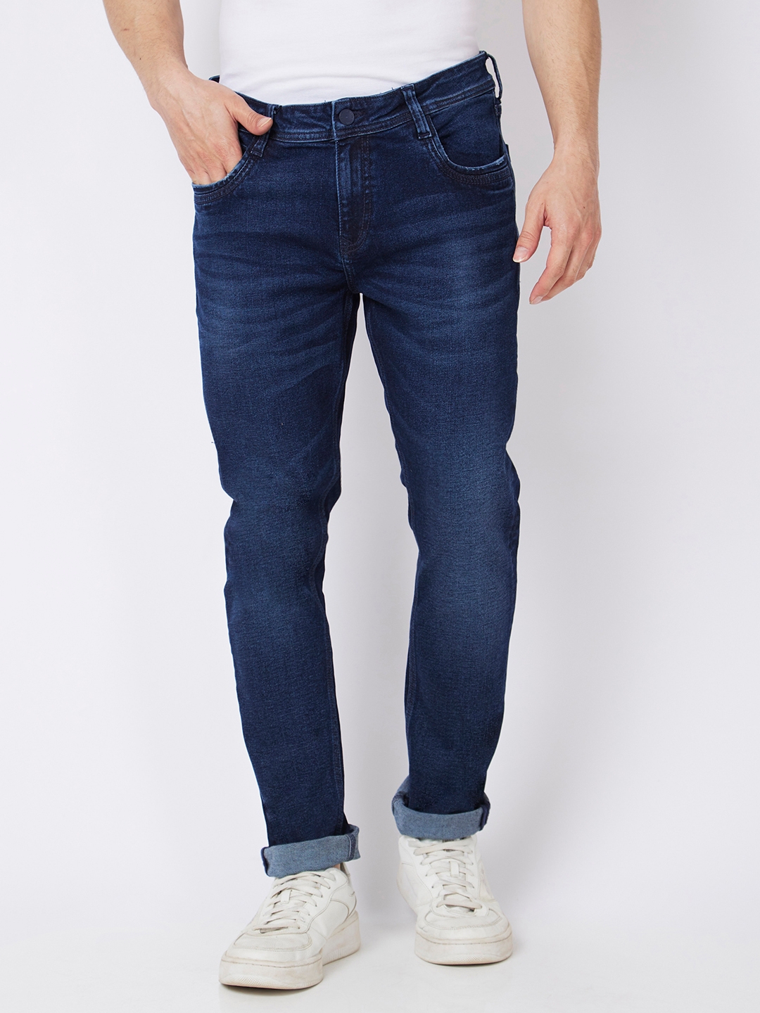 spykar | Spykar Men Dark Blue Cotton Slim Fit Narrow Length Clean Look Low Rise Jeans (Skinny) 0