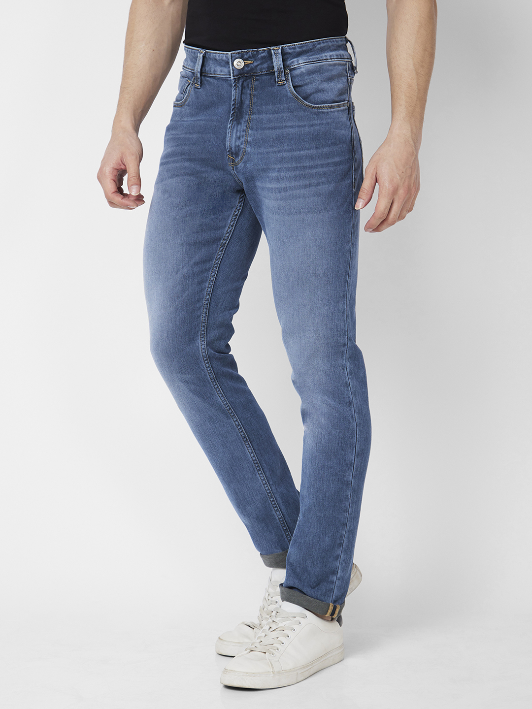 Spykar Men Mid Blue Cotton Stretch Slim Fit Narrow Length Clean Look Low Rise Jeans (Skinny)