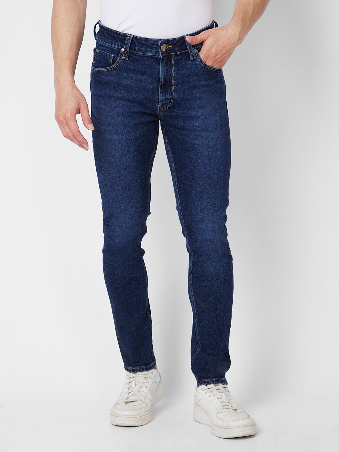 spykar | Spykar Men Dark Blue Cotton Stretch Super Slim Fit Tapered Length Clean Look Low Rise Jeans (Super Skinny) 0