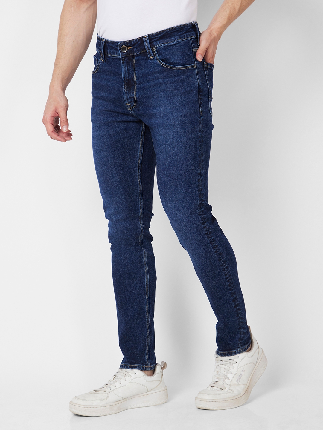 spykar | Spykar Men Dark Blue Cotton Stretch Super Slim Fit Tapered Length Clean Look Low Rise Jeans (Super Skinny) 3