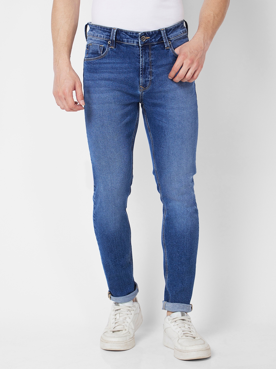 spykar | Spykar Men Mid Blue Cotton Stretch Super Slim Fit Tapered Length Clean Look Low Rise Jeans (Super Skinny) 0