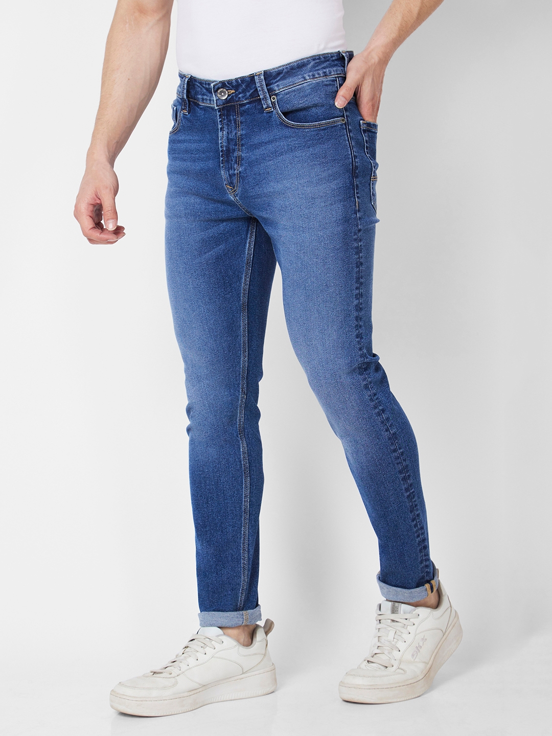 spykar | Spykar Men Mid Blue Cotton Stretch Super Slim Fit Tapered Length Clean Look Low Rise Jeans (Super Skinny) 3