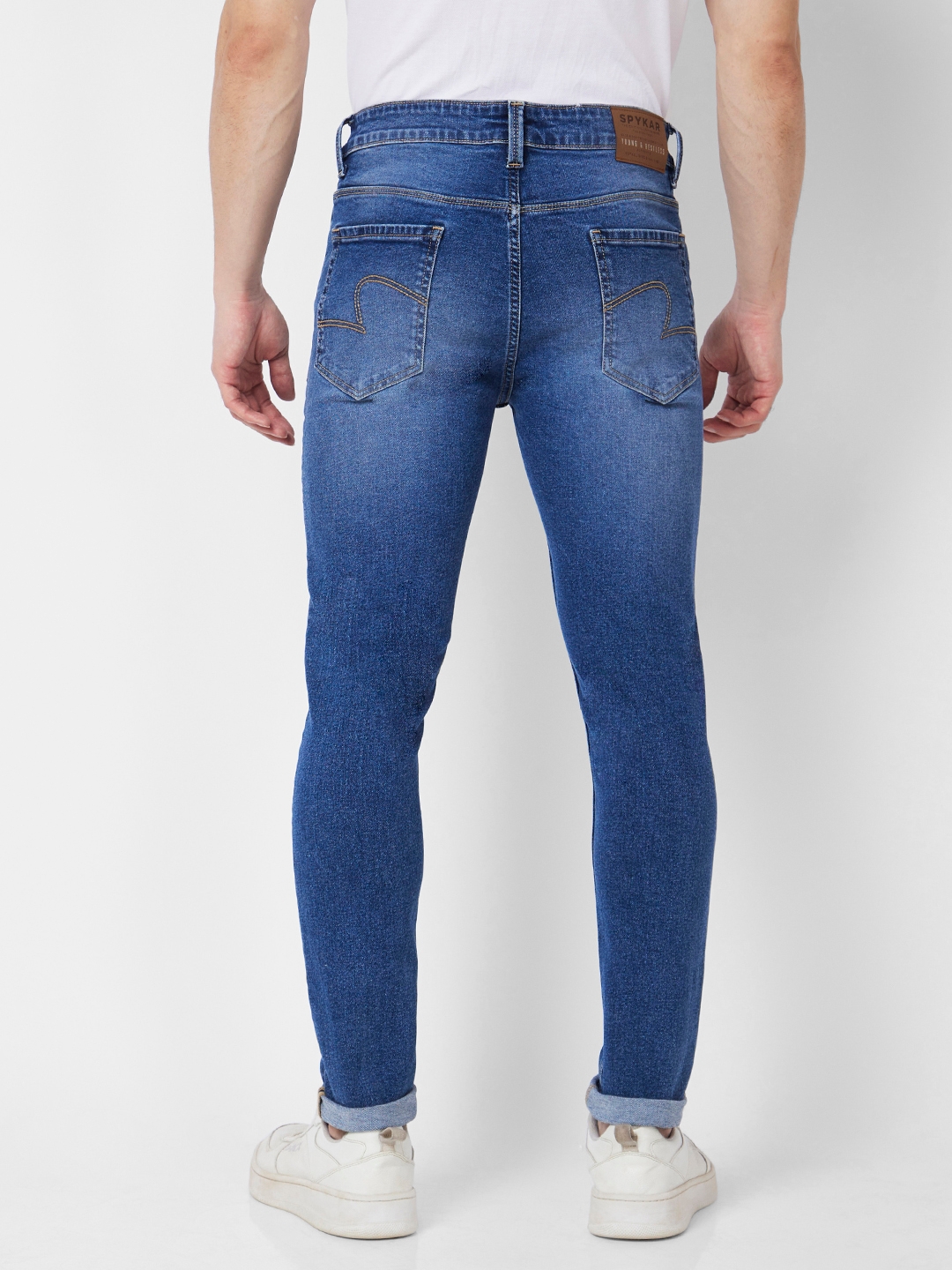 spykar | Spykar Men Mid Blue Cotton Stretch Super Slim Fit Tapered Length Clean Look Low Rise Jeans (Super Skinny) 4
