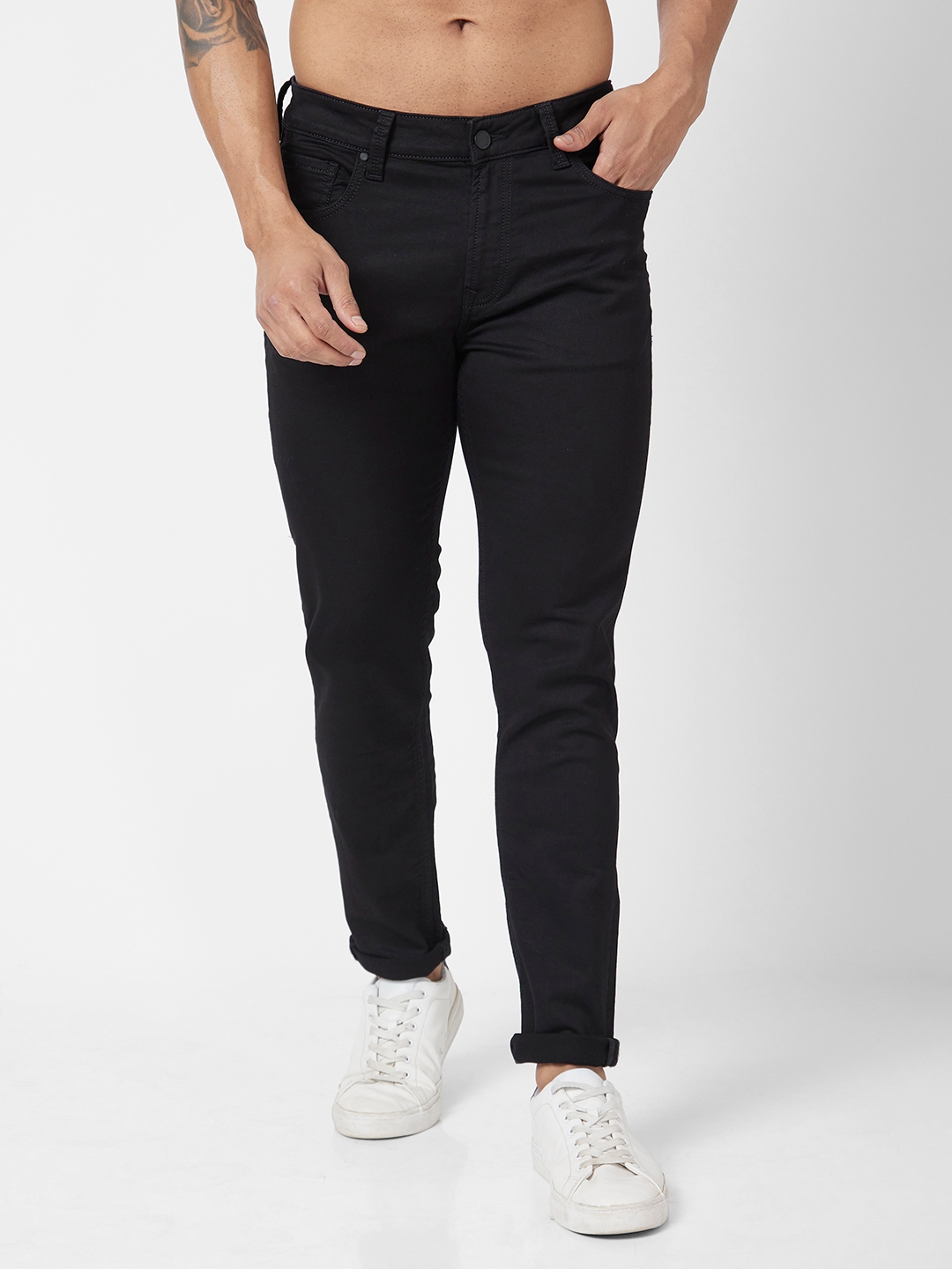 spykar | Spykar Men Black Cotton Stretch Super Slim Fit Tapered Length Clean Look Low Rise Jeans (Super Skinny) 0