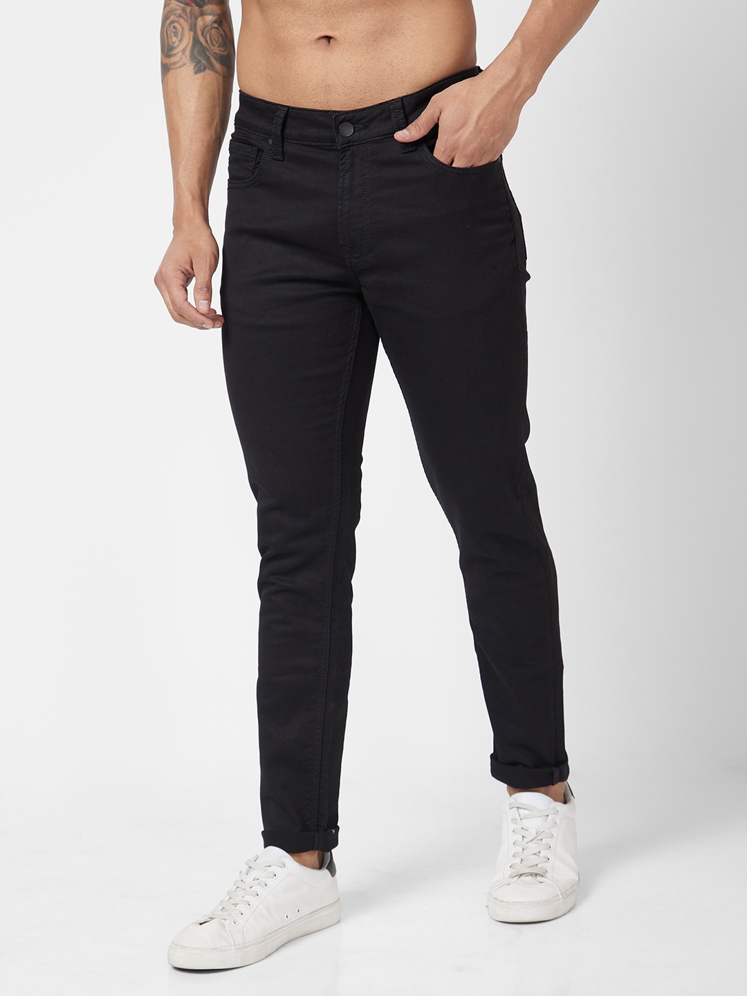 spykar | Spykar Men Black Cotton Stretch Super Slim Fit Tapered Length Clean Look Low Rise Jeans (Super Skinny) 3