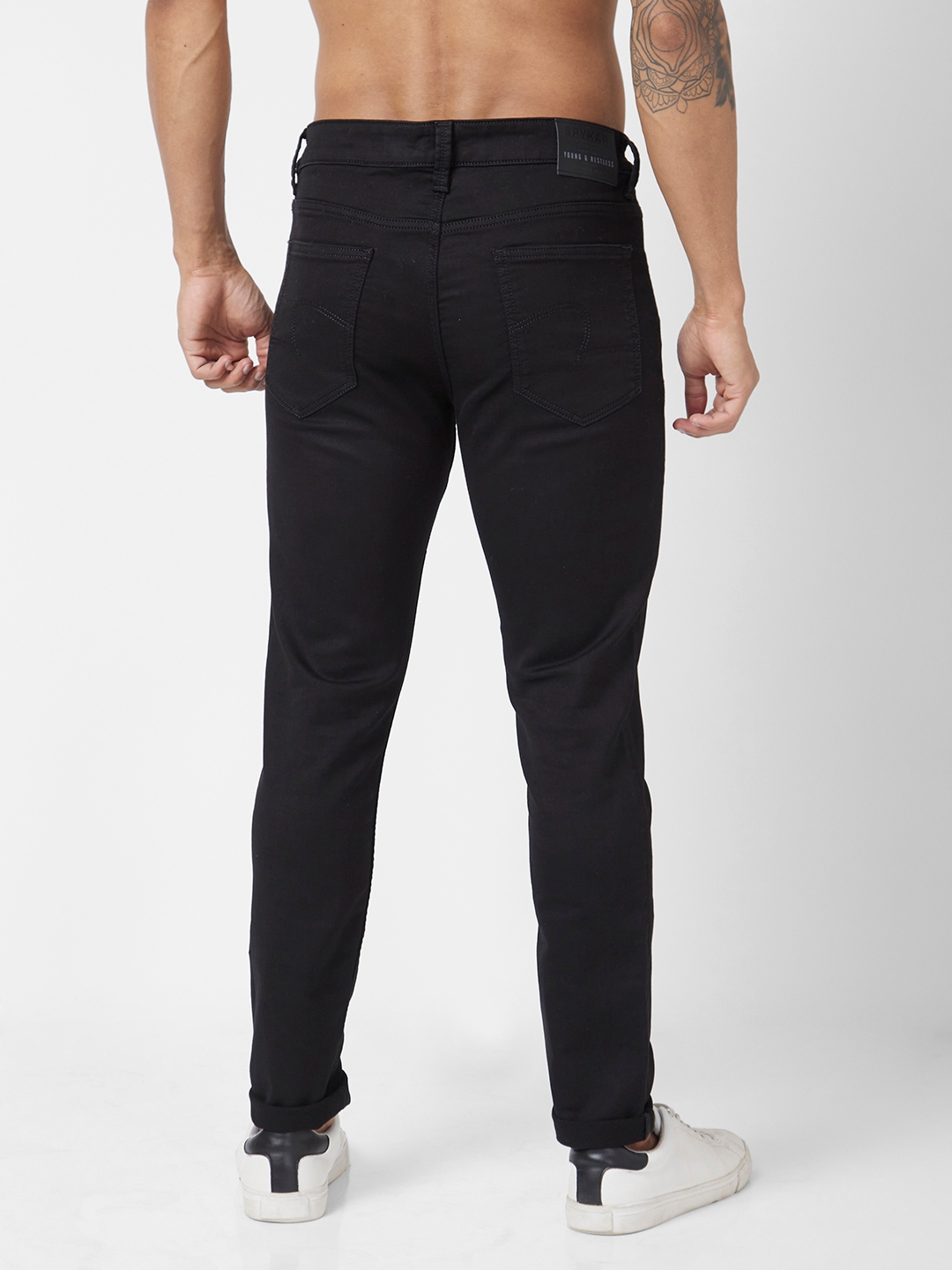 spykar | Spykar Men Black Cotton Stretch Super Slim Fit Tapered Length Clean Look Low Rise Jeans (Super Skinny) 4